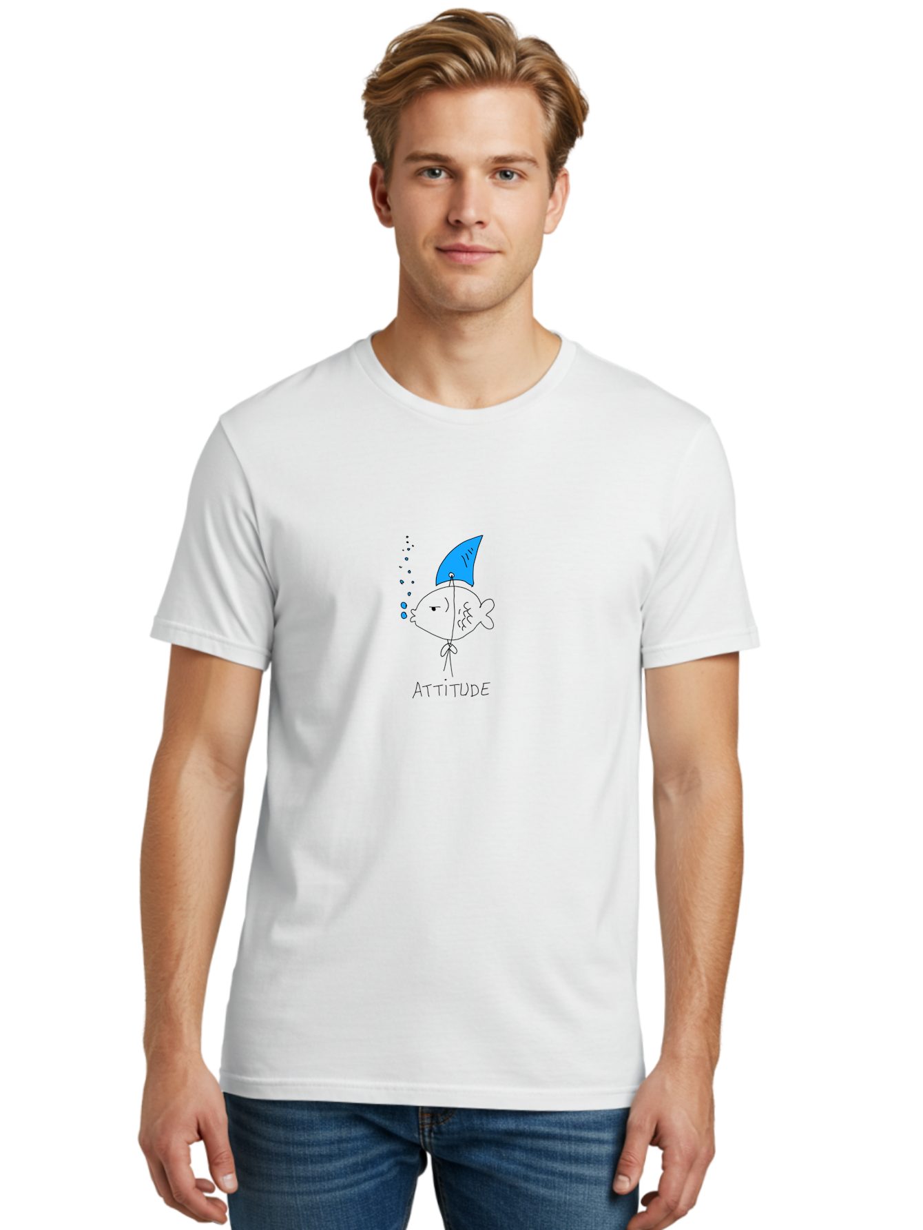 Attitude Men'S Graphic Tee, 100% Cotton, Comfortable Casual Summer Wear, Machine Washable, Split Personality Fish, Conflicting Emotions, Humorous Illustration, Cartoon Character, Positive And Negative Attitude, Comical Expression, -  Aaa007 26