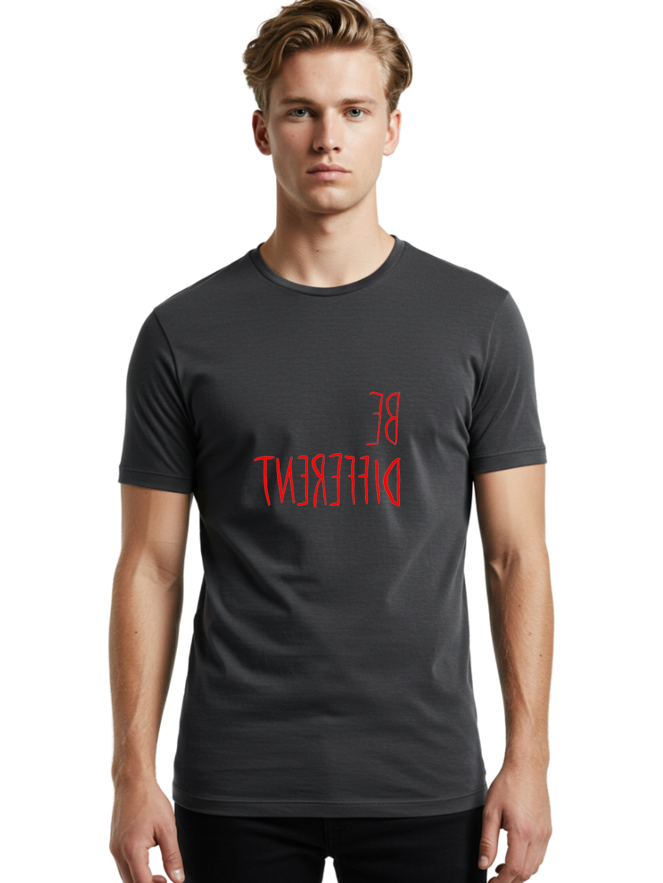 Be-Different Men'S Graphic Tee, 100% Cotton, Comfortable Casual Summer Wear, Machine Washable, Inspirational Quote, Motivational Text, Bold Font, Red Lettering, Quirky Typography, Self-Expression, Individuality, Unique Style, -  Aaa009