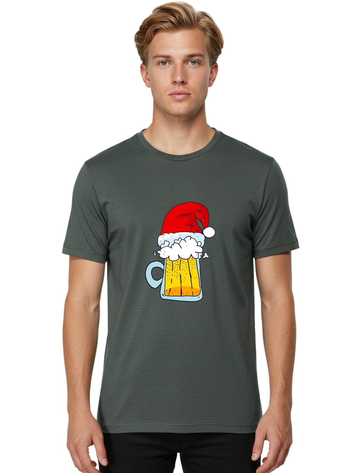 Beer-Mug-With-Santa-Hat Men'S Graphic Tee, 100% Cotton, Comfortable Casual Summer Wear, Machine Washable, Beer Mug With Santa Hat, Christmas Theme, Festive Drink, Holiday Cheer, Cartoon Style, Funny Illustration, Cold Beer, -  Aaa011 16
