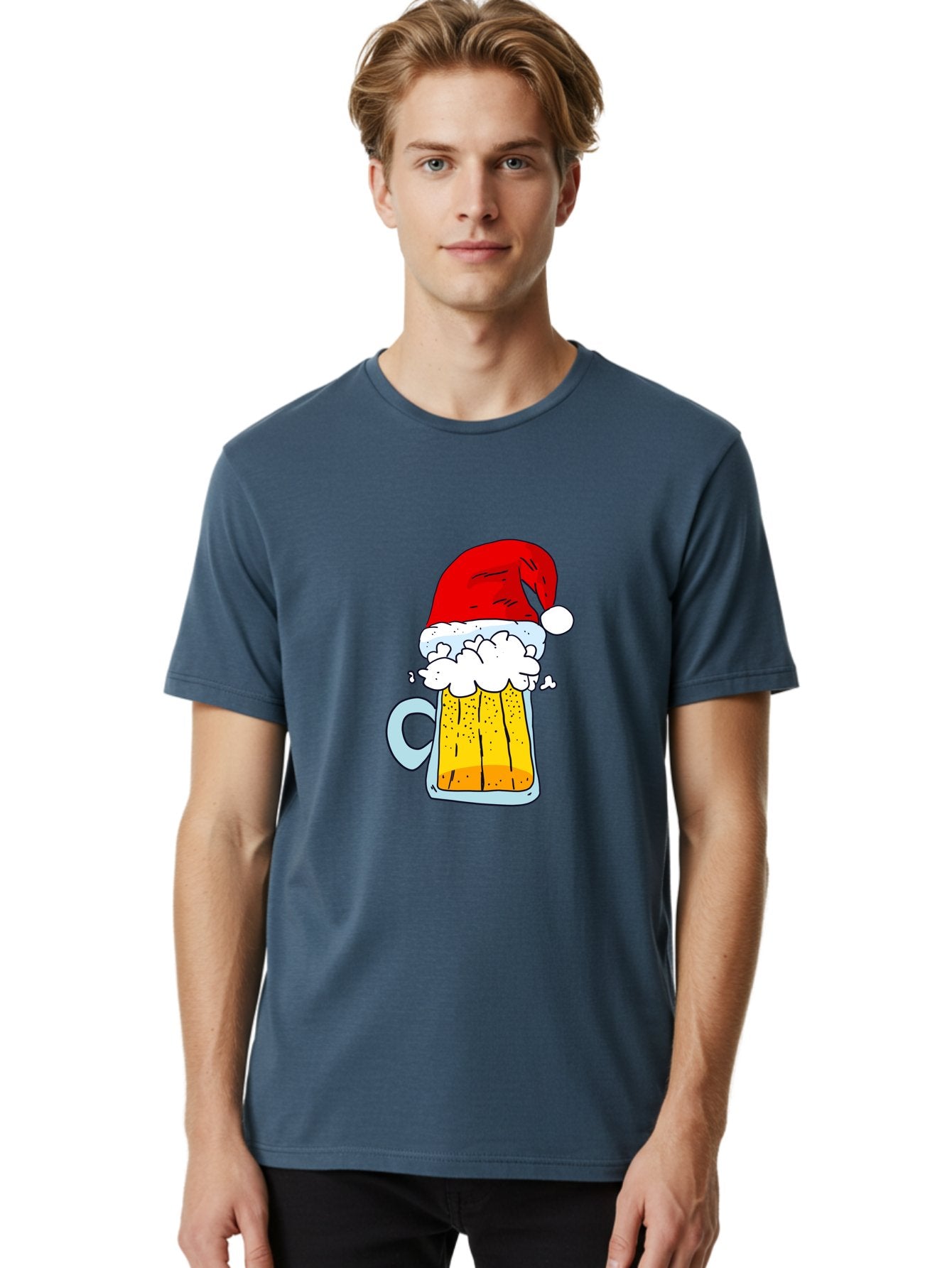 Beer-Mug-With-Santa-Hat Men'S Graphic Tee, 100% Cotton, Comfortable Casual Summer Wear, Machine Washable, Beer Mug With Santa Hat, Christmas Theme, Festive Drink, Holiday Cheer, Cartoon Style, Funny Illustration, Cold Beer, -  Aaa011 10