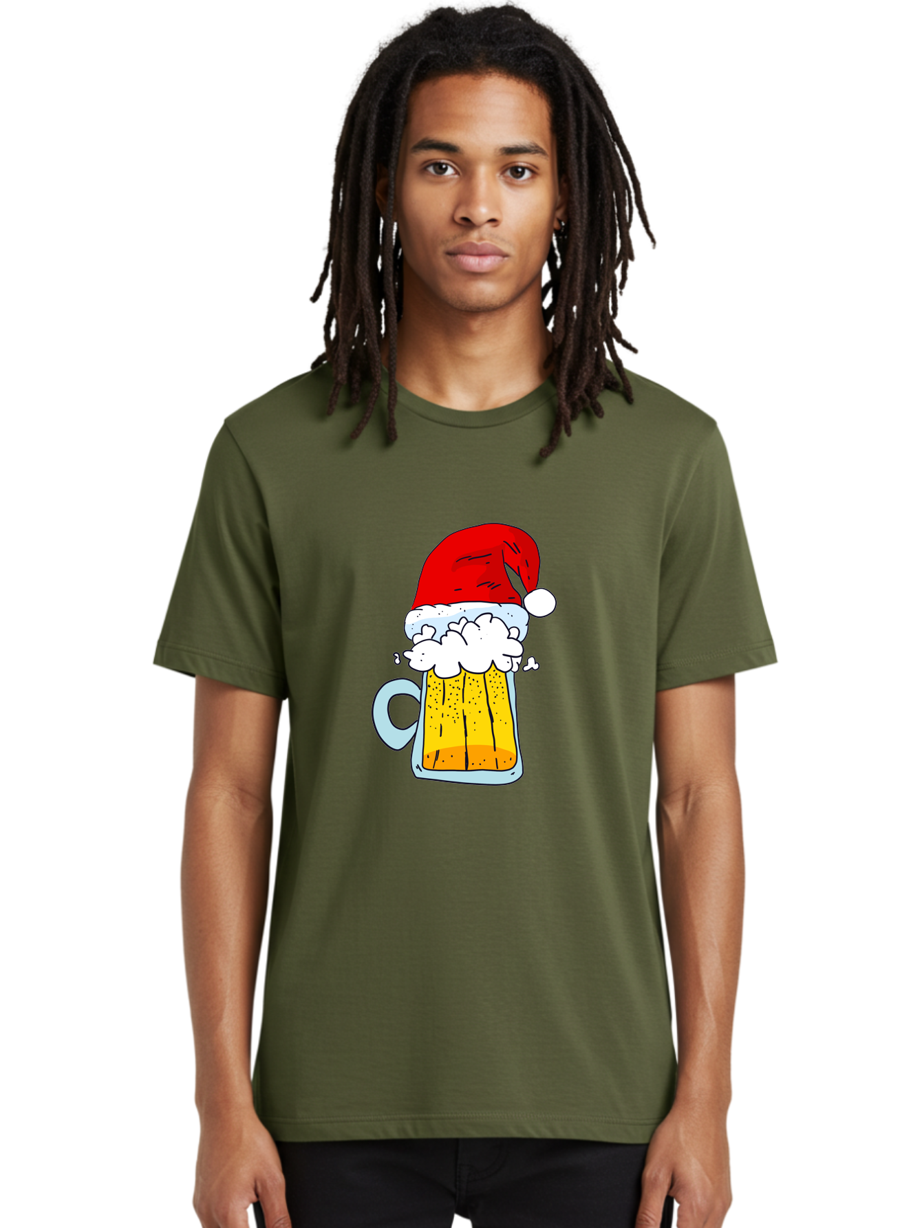 Beer-Mug-With-Santa-Hat Men'S Graphic Tee, 100% Cotton, Comfortable Casual Summer Wear, Machine Washable, Beer Mug With Santa Hat, Christmas Theme, Festive Drink, Holiday Cheer, Cartoon Style, Funny Illustration, Cold Beer, -  Aaa011
