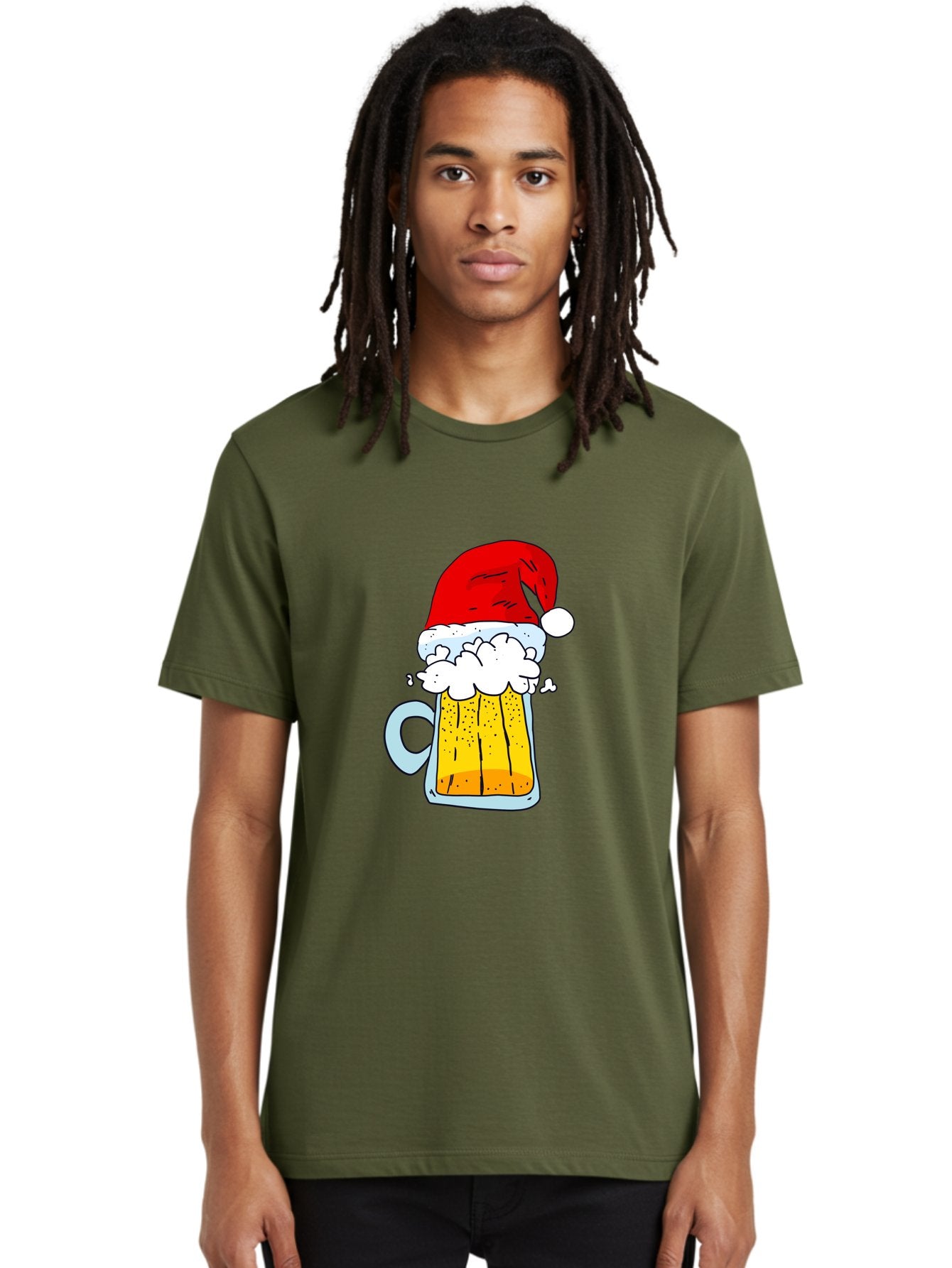 Beer-Mug-With-Santa-Hat Men'S Graphic Tee, 100% Cotton, Comfortable Casual Summer Wear, Machine Washable, Beer Mug With Santa Hat, Christmas Theme, Festive Drink, Holiday Cheer, Cartoon Style, Funny Illustration, Cold Beer, -  Aaa011 30