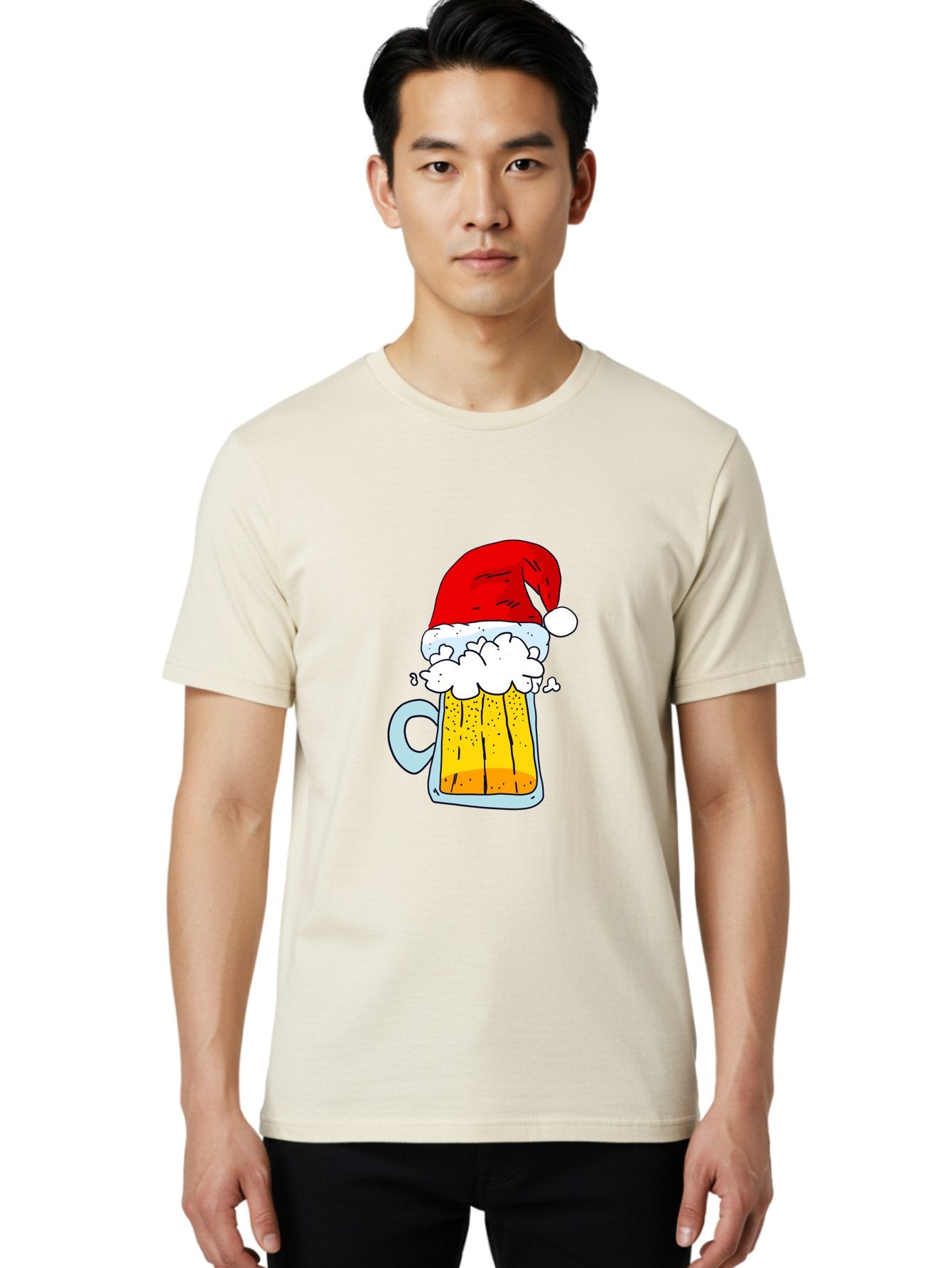 Beer-Mug-With-Santa-Hat Men'S Graphic Tee, 100% Cotton, Comfortable Casual Summer Wear, Machine Washable, Beer Mug With Santa Hat, Christmas Theme, Festive Drink, Holiday Cheer, Cartoon Style, Funny Illustration, Cold Beer, -  Aaa011 26