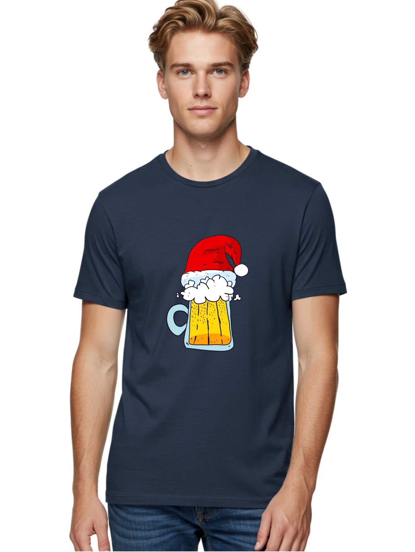 Beer-Mug-With-Santa-Hat Men'S Graphic Tee, 100% Cotton, Comfortable Casual Summer Wear, Machine Washable, Beer Mug With Santa Hat, Christmas Theme, Festive Drink, Holiday Cheer, Cartoon Style, Funny Illustration, Cold Beer, -  Aaa011 22