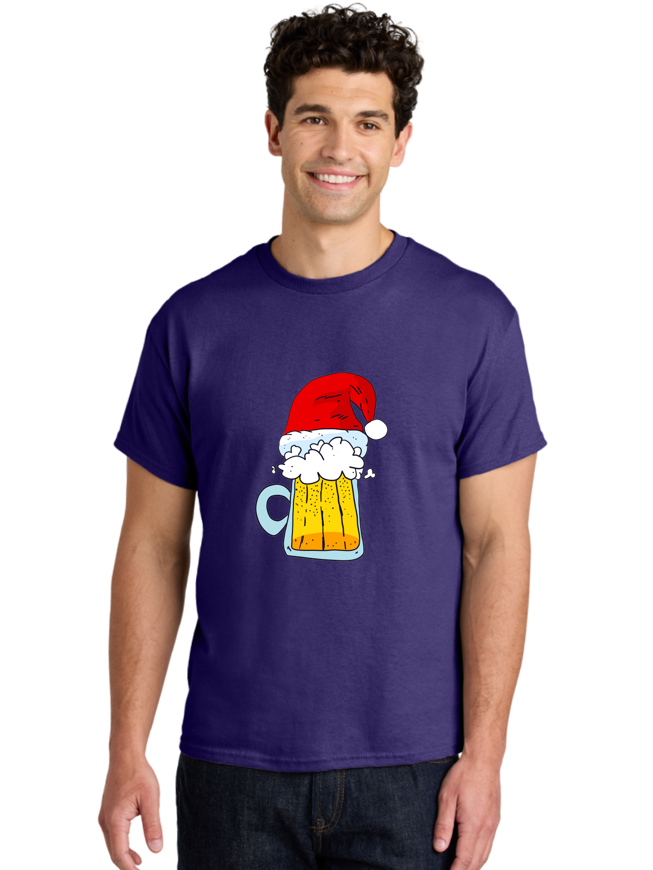 Beer-Mug-With-Santa-Hat Men'S Graphic Tee, 100% Cotton, Comfortable Casual Summer Wear, Machine Washable, Beer Mug With Santa Hat, Christmas Theme, Festive Drink, Holiday Cheer, Cartoon Style, Funny Illustration, Cold Beer, -  Aaa011 12