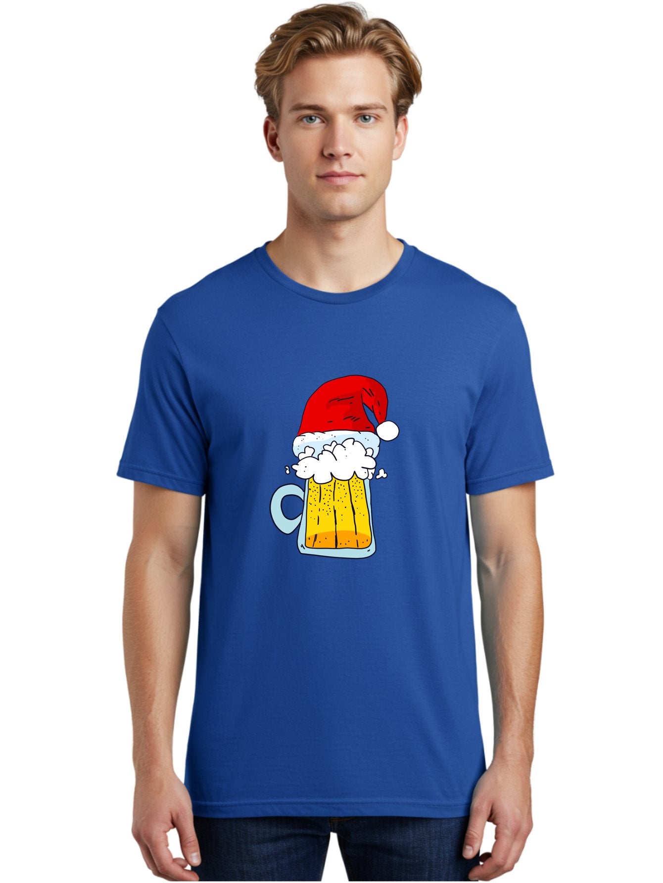 Beer-Mug-With-Santa-Hat Men'S Graphic Tee, 100% Cotton, Comfortable Casual Summer Wear, Machine Washable, Beer Mug With Santa Hat, Christmas Theme, Festive Drink, Holiday Cheer, Cartoon Style, Funny Illustration, Cold Beer, -  Aaa011
