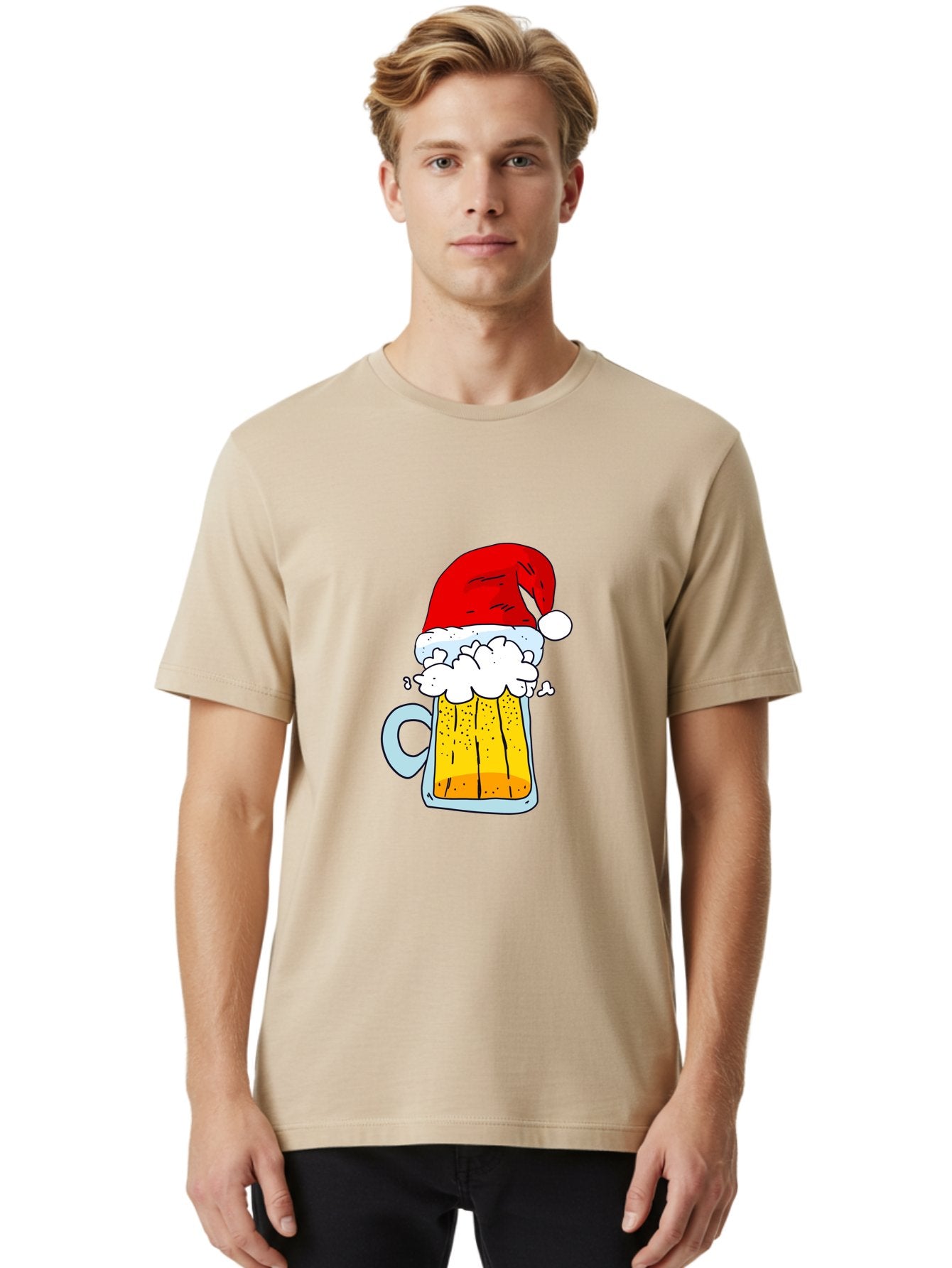 Beer-Mug-With-Santa-Hat Men'S Graphic Tee, 100% Cotton, Comfortable Casual Summer Wear, Machine Washable, Beer Mug With Santa Hat, Christmas Theme, Festive Drink, Holiday Cheer, Cartoon Style, Funny Illustration, Cold Beer, -  Aaa011 12