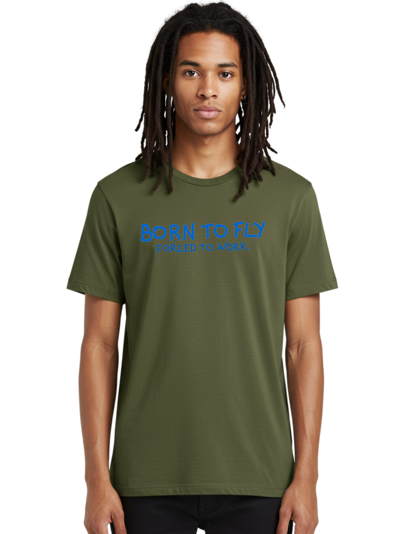 Born-To-Fly-Forced-To-Work Men'S Graphic Tee, 100% Cotton, Comfortable Casual Summer Wear, Machine Washable, Motivational Quote, Inspirational Phrase, Freedom Of Flight, Contrasting Work Life, Bold Typography, Blue Font, Statement Art -  Aaa015 14