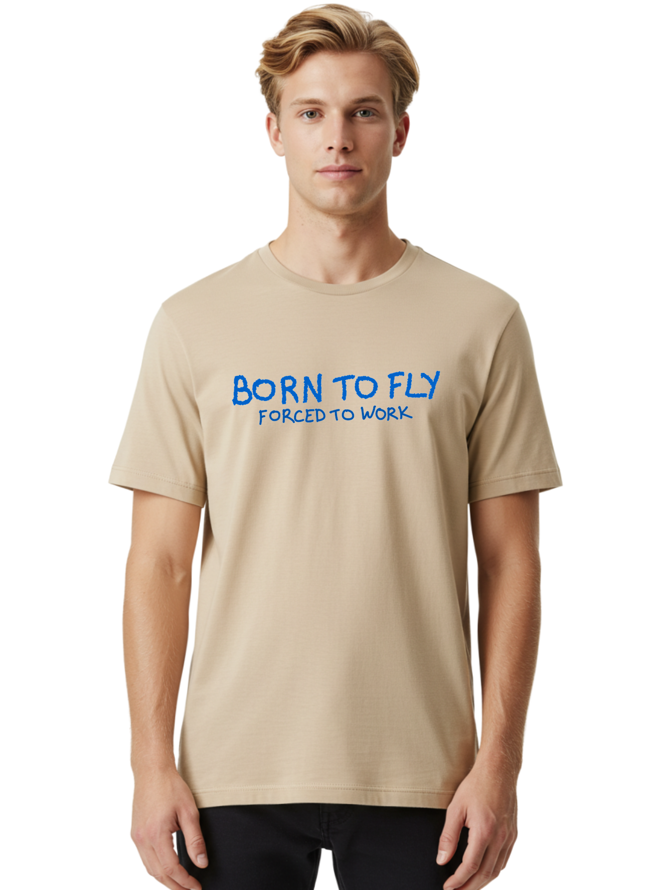 Born-To-Fly-Forced-To-Work Men'S Graphic Tee, 100% Cotton, Comfortable Casual Summer Wear, Machine Washable, Motivational Quote, Inspirational Phrase, Freedom Of Flight, Contrasting Work Life, Bold Typography, Blue Font, Statement Art -  Aaa015 24