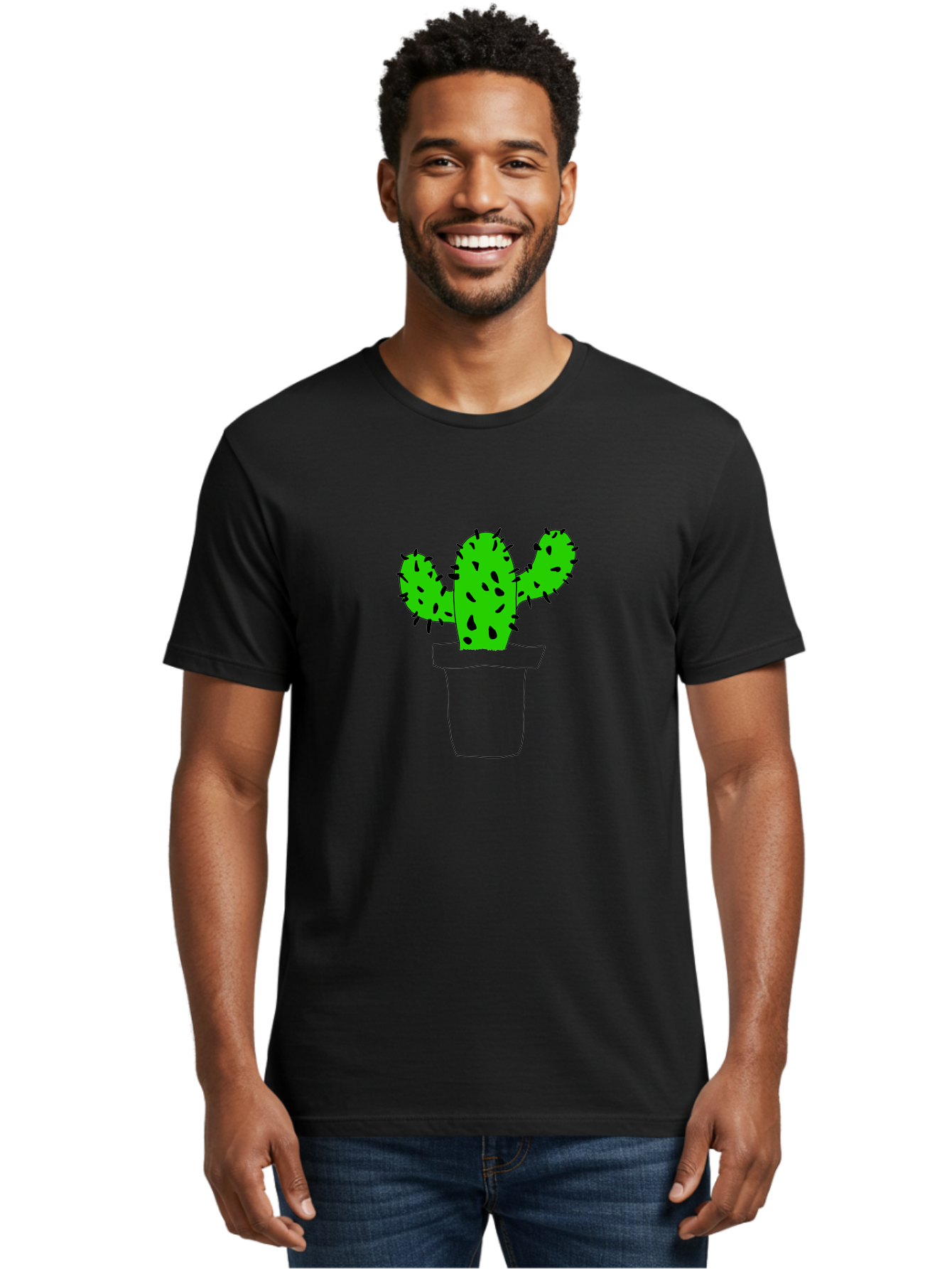 Cactus Men'S Graphic Tee, 100% Cotton, Comfortable Casual Summer Wear, Machine Washable, Cactus Plant, Potted Cactus, Spiky Leaves, Simple Illustration, Minimalist Design, Cacti, Succulent, Desert Plant, Houseplant, Black Outline -  Aaa016