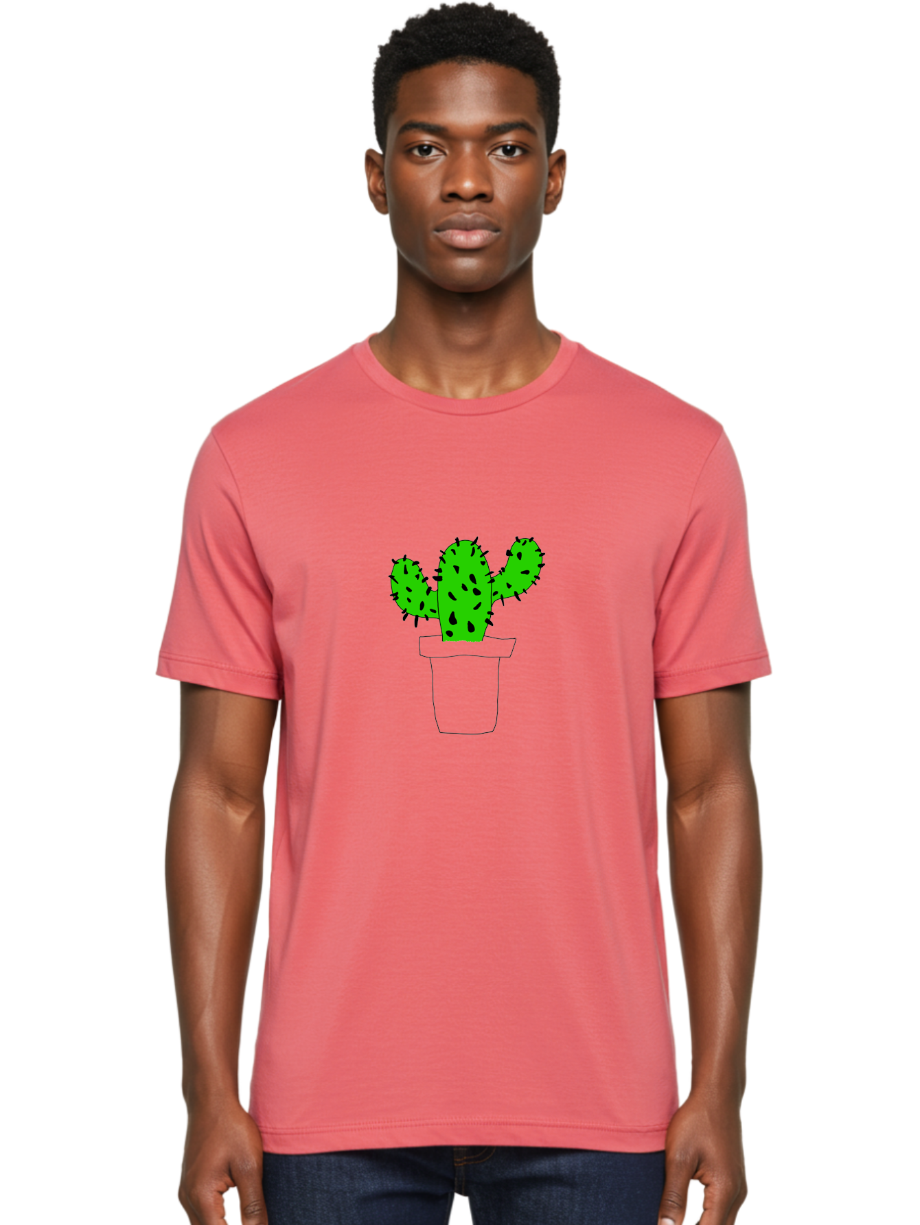 Cactus Men'S Graphic Tee, 100% Cotton, Comfortable Casual Summer Wear, Machine Washable, Cactus Plant, Potted Cactus, Spiky Leaves, Simple Illustration, Minimalist Design, Cacti, Succulent, Desert Plant, Houseplant, Black Outline -  Aaa016 16