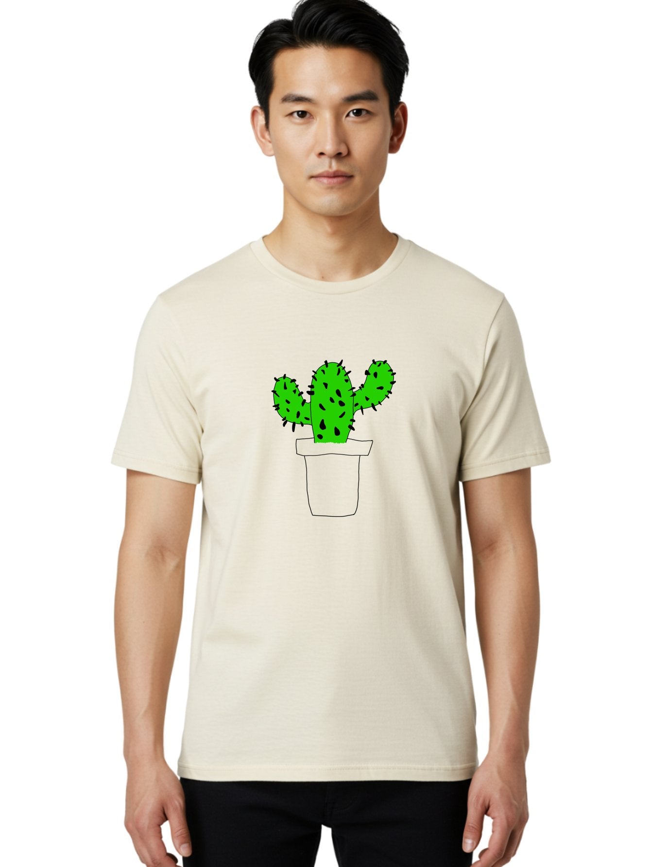 Cactus Men'S Graphic Tee, 100% Cotton, Comfortable Casual Summer Wear, Machine Washable, Cactus Plant, Potted Cactus, Spiky Leaves, Simple Illustration, Minimalist Design, Cacti, Succulent, Desert Plant, Houseplant, Black Outline -  Aaa016 4
