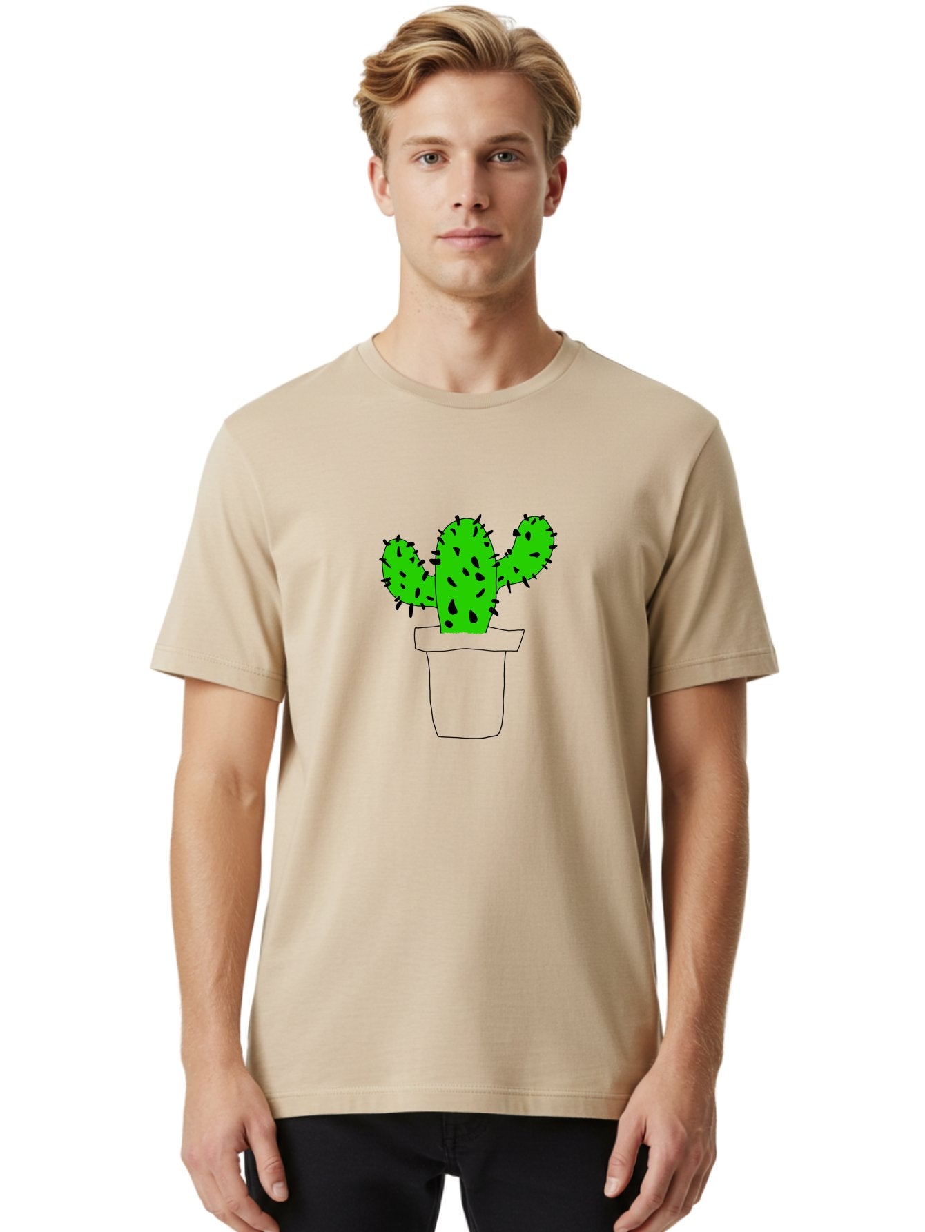 Cactus Men'S Graphic Tee, 100% Cotton, Comfortable Casual Summer Wear, Machine Washable, Cactus Plant, Potted Cactus, Spiky Leaves, Simple Illustration, Minimalist Design, Cacti, Succulent, Desert Plant, Houseplant, Black Outline -  Aaa016 20