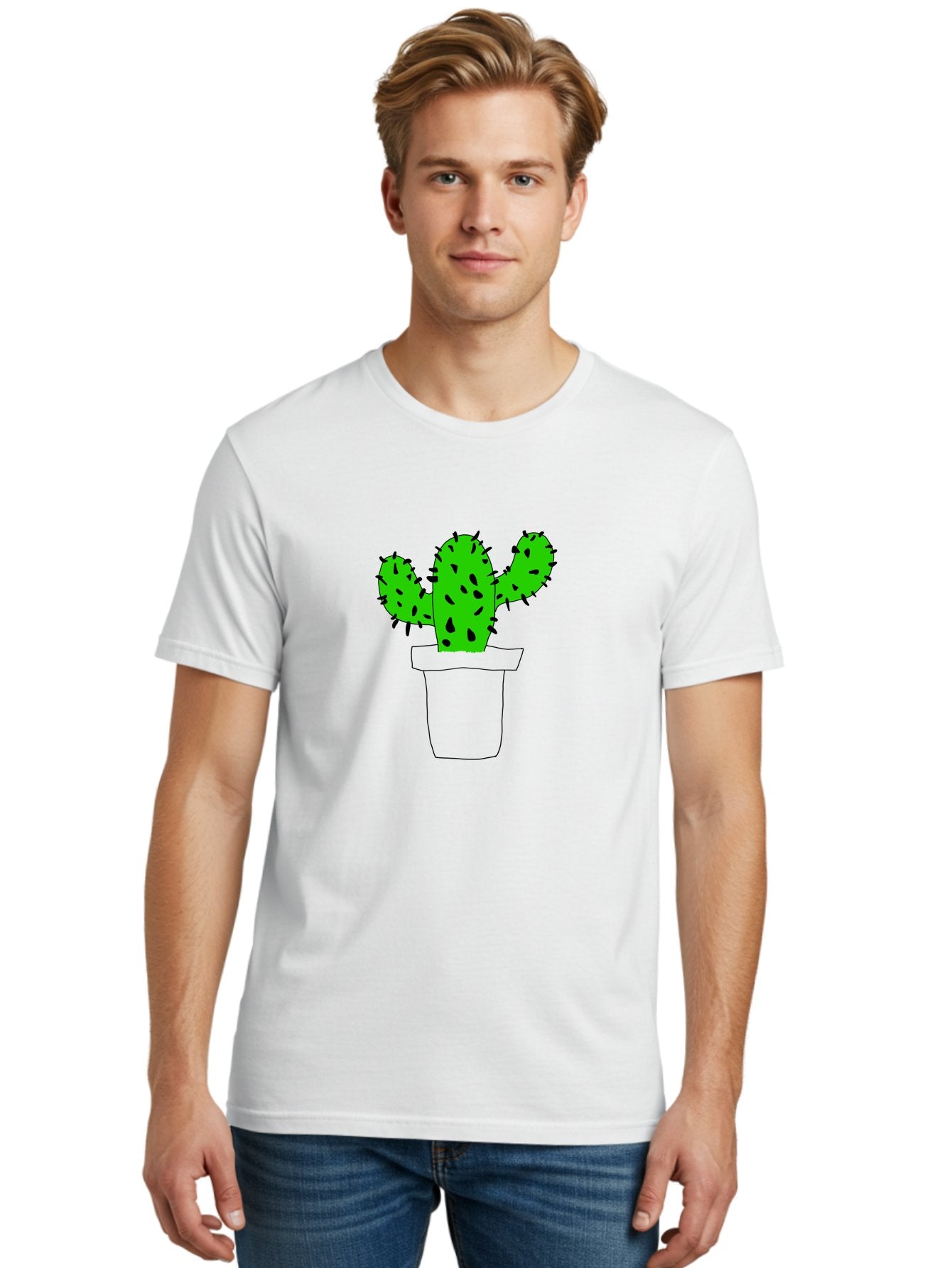 Cactus Men'S Graphic Tee, 100% Cotton, Comfortable Casual Summer Wear, Machine Washable, Cactus Plant, Potted Cactus, Spiky Leaves, Simple Illustration, Minimalist Design, Cacti, Succulent, Desert Plant, Houseplant, Black Outline -  Aaa016 22