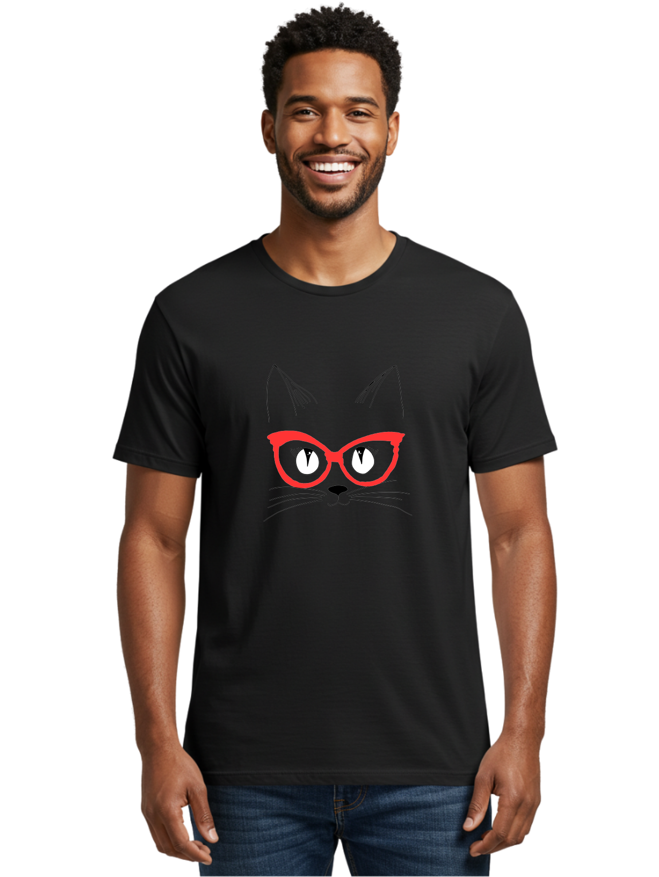 Cat-Face Men'S Graphic Tee, 100% Cotton, Comfortable Casual Summer Wear, Machine Washable, Funny Cat, Cat Face, Red Glasses, White Eyes, Black Nose, Whiskers, Cartoon Style, Simple Design, Cute Illustration, Pop Art, Modern Art -  Aaa018