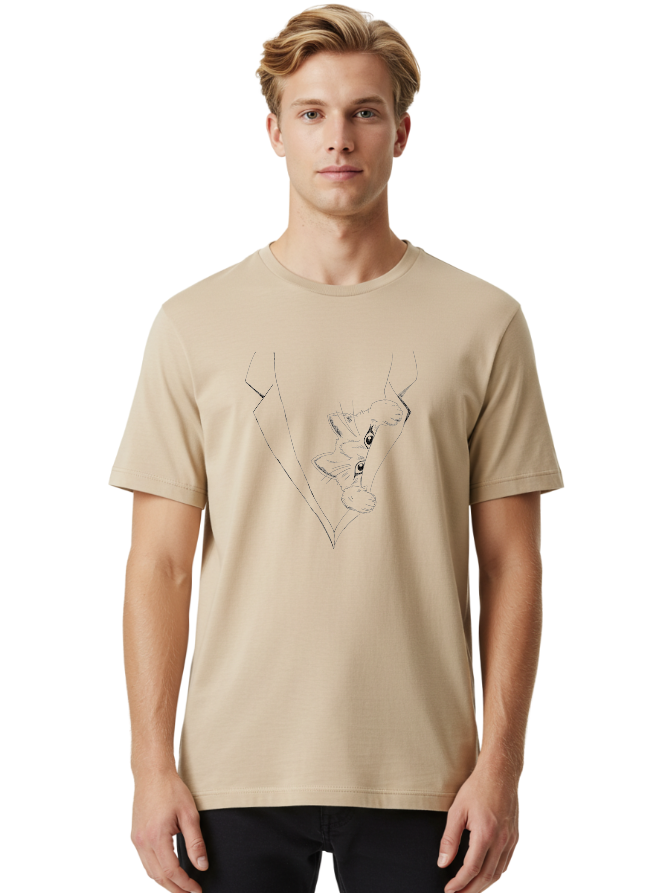Dog-In-Diamond Men'S Graphic Tee, 100% Cotton, Comfortable Casual Summer Wear, Machine Washable, Cat In Tuxedo, Feline Fashion, Elegant Cat, Black Line Art, Whimsical Design, Stylized Illustration, Cute Cartoon, Cat Face, Stylish Accessory, -  Aaa024