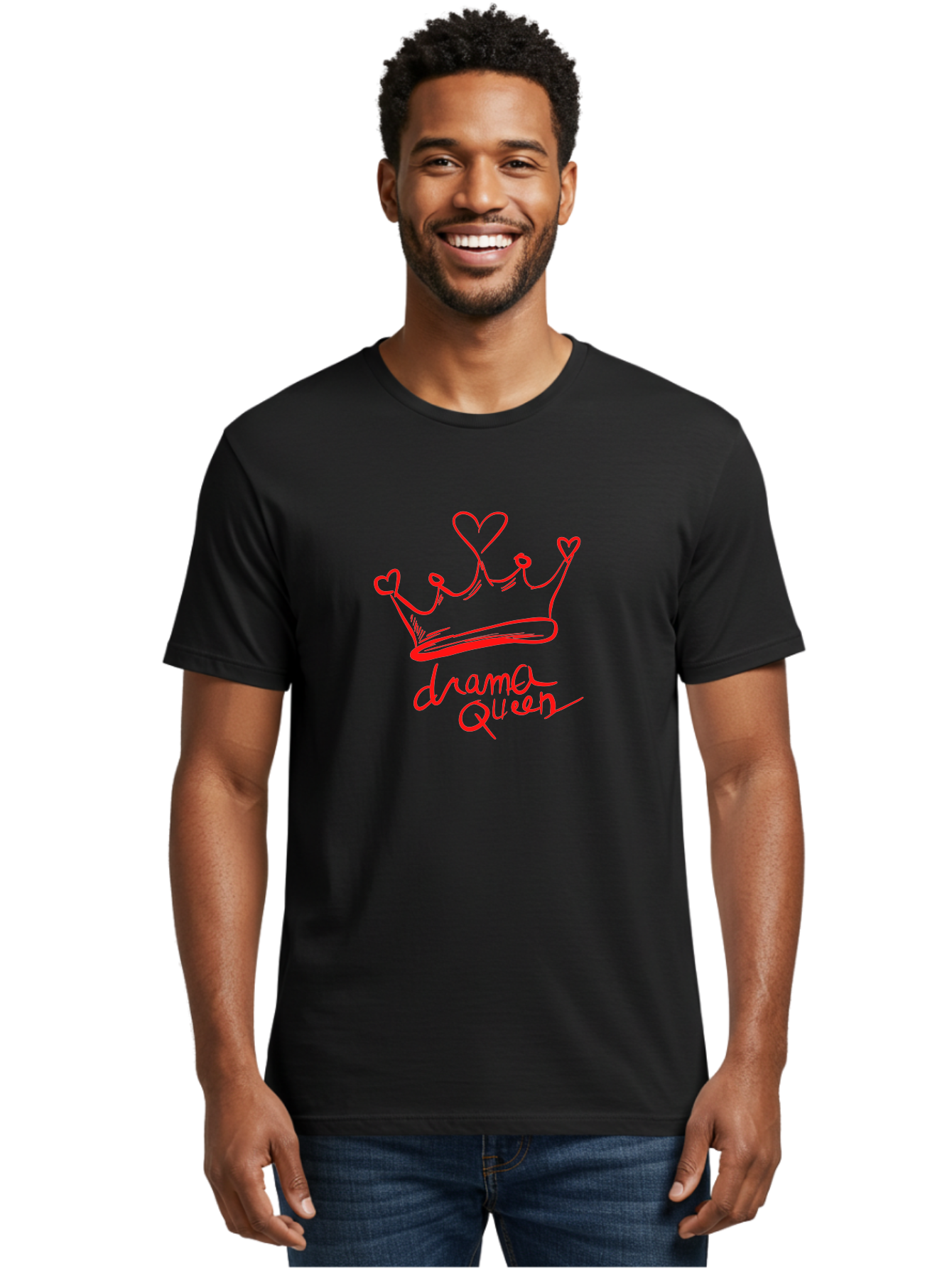 Drama-Queen Men'S Graphic Tee, 100% Cotton, Comfortable Casual Summer Wear, Machine Washable, Hand-Drawn Crown With Hearts, Red Ink Illustration, Drama Queen Phrase, Royal Symbolism, Quirky Design, Heart-Shaped Decorations -  Aaa027