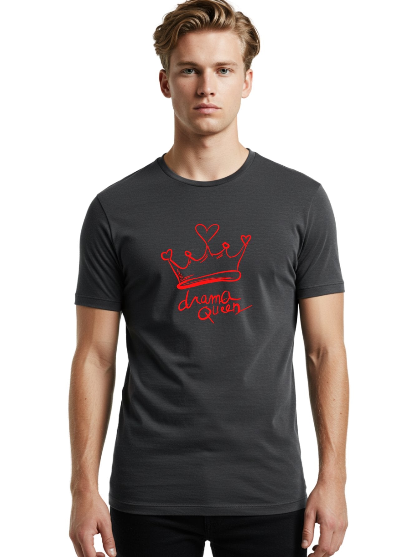 Drama-Queen Men'S Graphic Tee, 100% Cotton, Comfortable Casual Summer Wear, Machine Washable, Hand-Drawn Crown With Hearts, Red Ink Illustration, Drama Queen Phrase, Royal Symbolism, Quirky Design, Heart-Shaped Decorations -  Aaa027 6