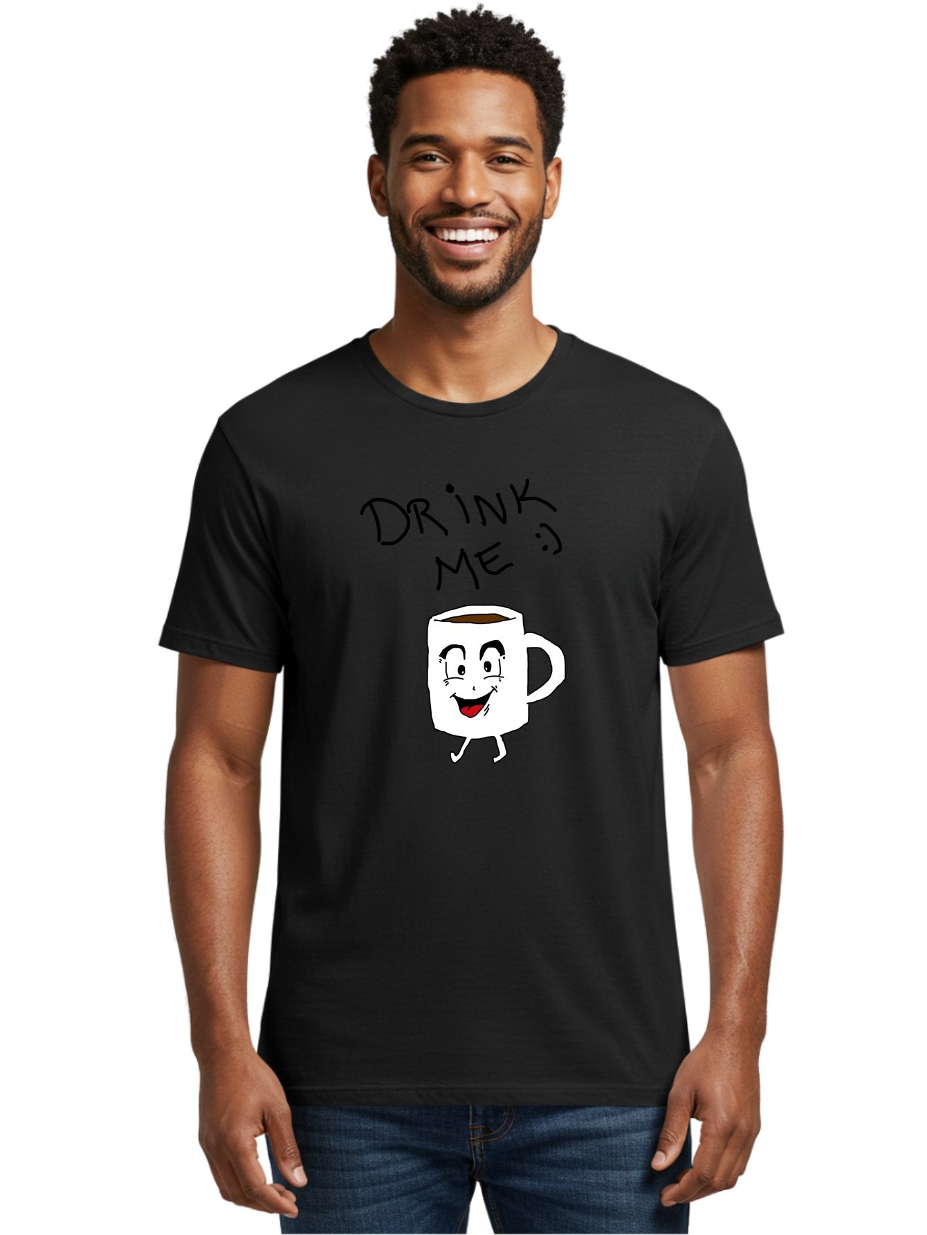 Drink-Me Men'S Graphic Tee, 100% Cotton, Comfortable Casual Summer Wear, Machine Washable, Cartoon Coffee Mug, Anthropomorphic Character, Smiling Face, Happy Expression, Coffee Drink, Beverage Illustration, Funny Character Design, -  Aaa029 8