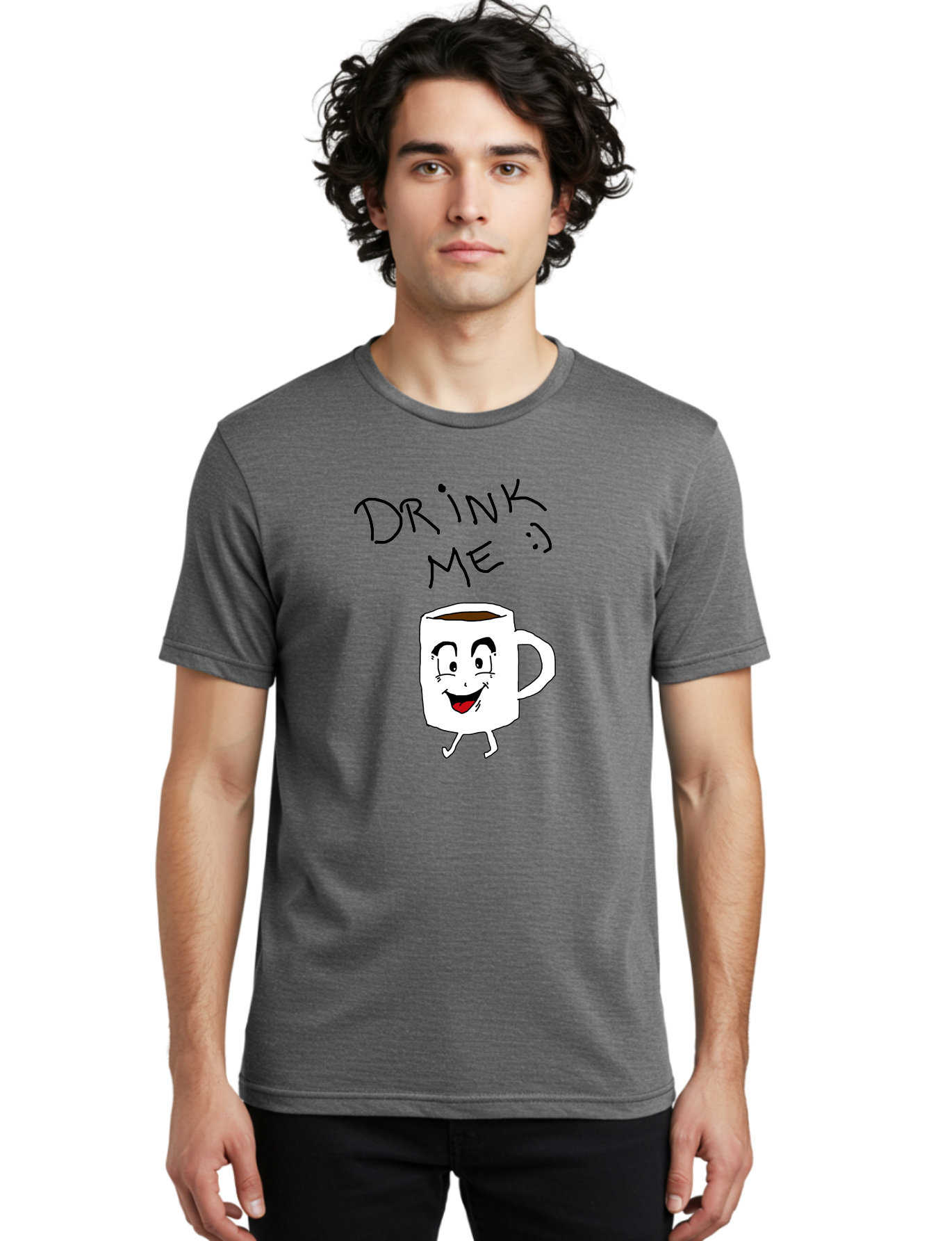 Drink-Me Men'S Graphic Tee, 100% Cotton, Comfortable Casual Summer Wear, Machine Washable, Cartoon Coffee Mug, Anthropomorphic Character, Smiling Face, Happy Expression, Coffee Drink, Beverage Illustration, Funny Character Design, -  Aaa029
