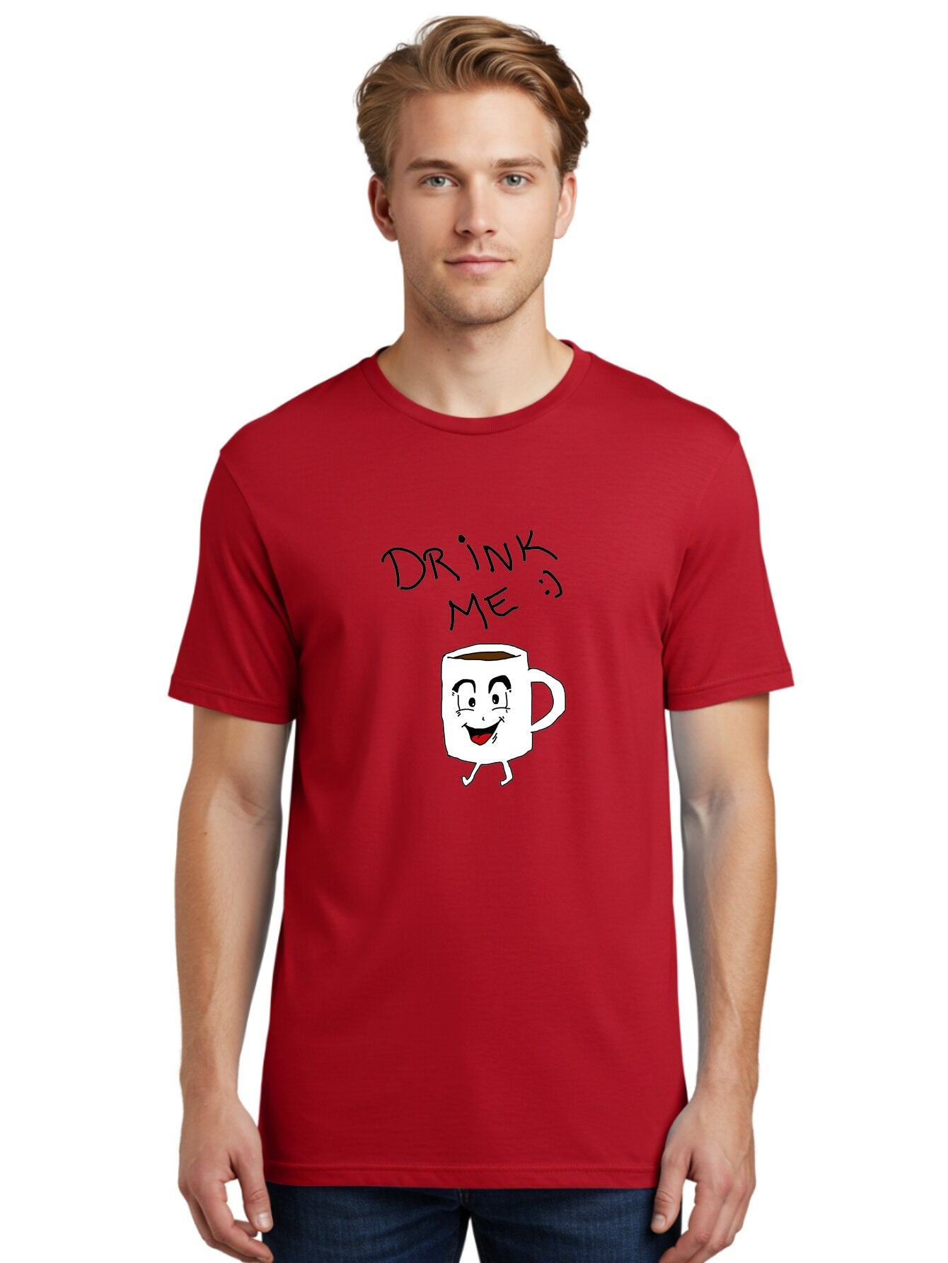 Drink-Me Men'S Graphic Tee, 100% Cotton, Comfortable Casual Summer Wear, Machine Washable, Cartoon Coffee Mug, Anthropomorphic Character, Smiling Face, Happy Expression, Coffee Drink, Beverage Illustration, Funny Character Design, -  Aaa029 30
