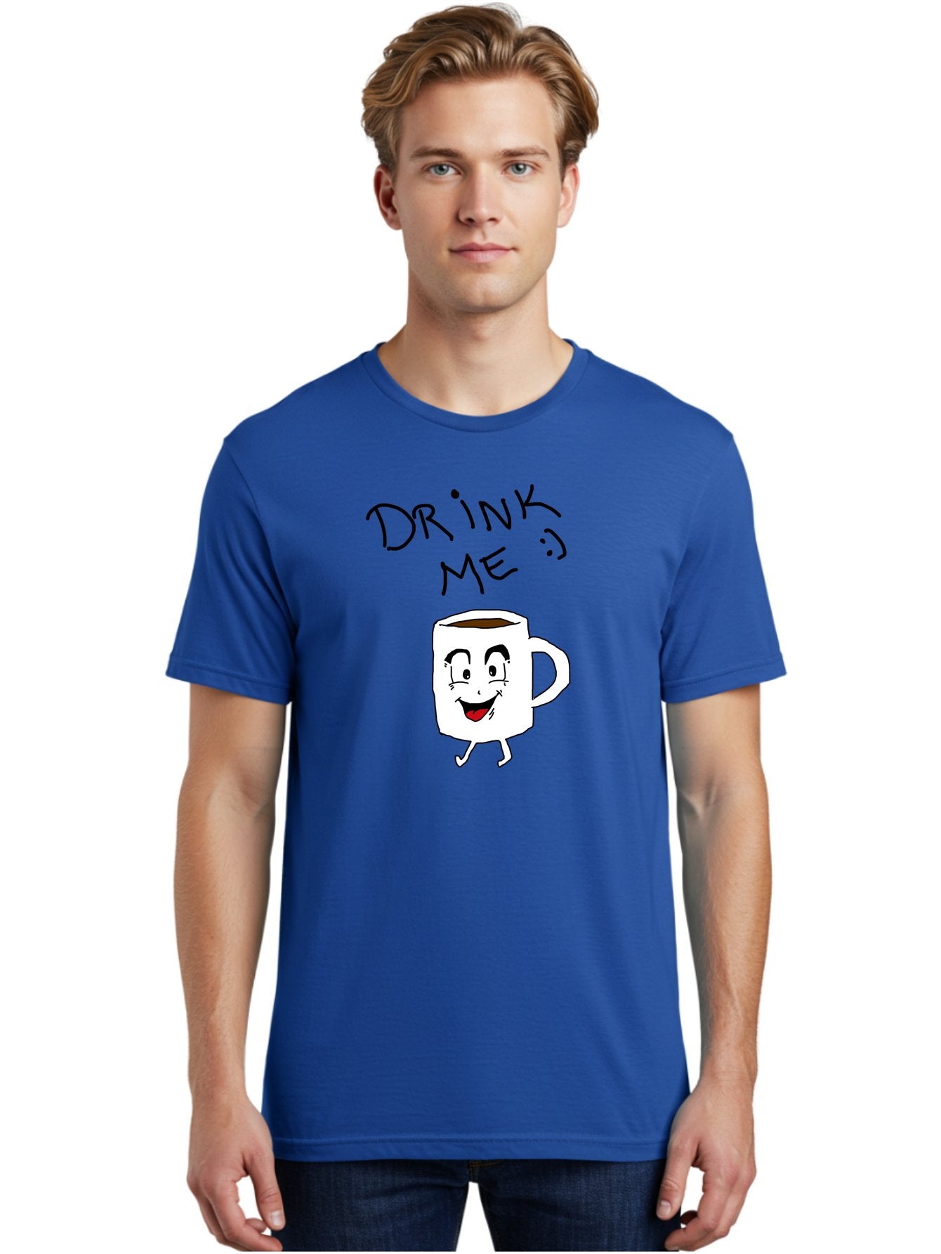 Drink-Me Men'S Graphic Tee, 100% Cotton, Comfortable Casual Summer Wear, Machine Washable, Cartoon Coffee Mug, Anthropomorphic Character, Smiling Face, Happy Expression, Coffee Drink, Beverage Illustration, Funny Character Design, -  Aaa029 28