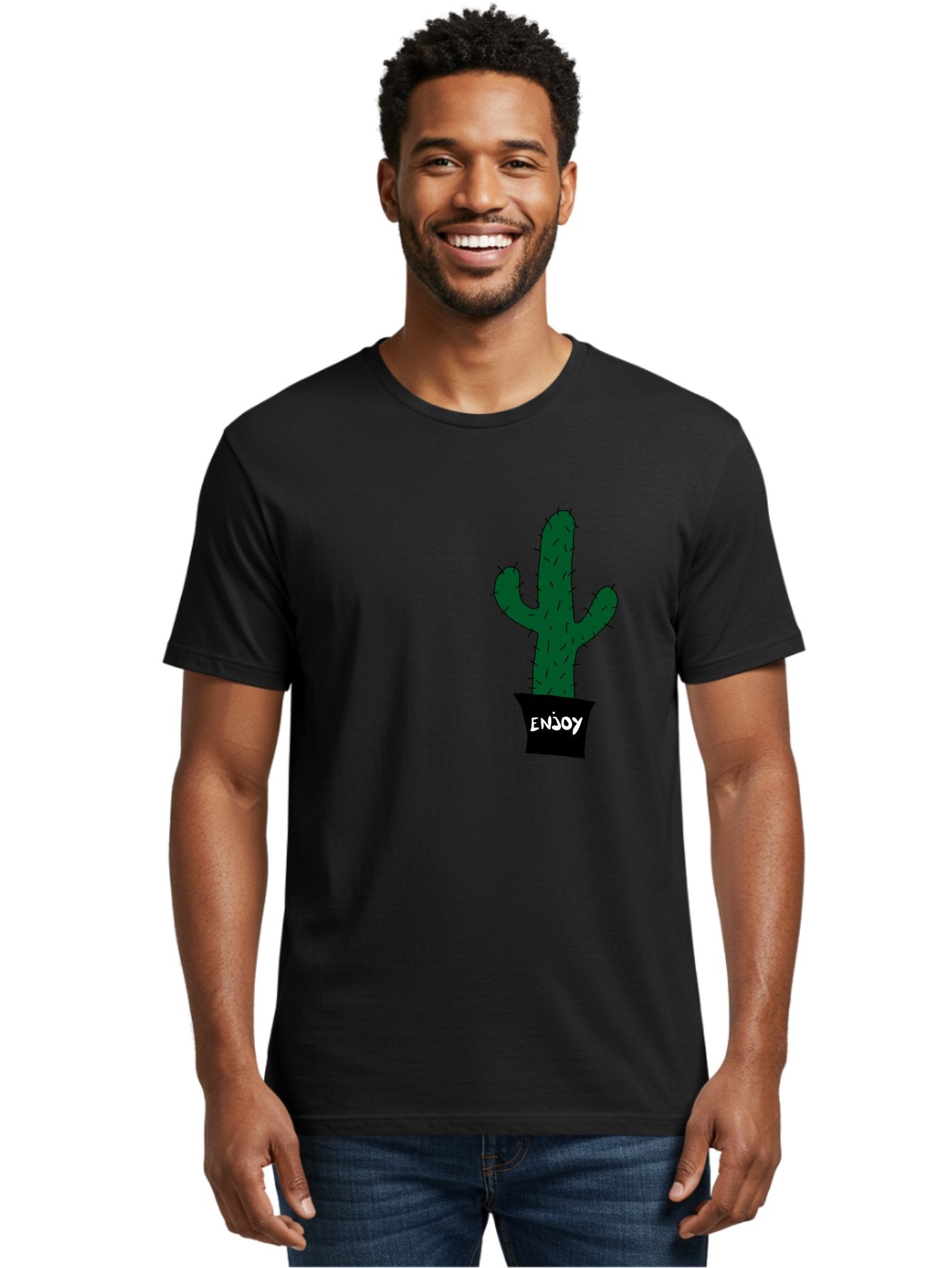 Enjoy Men'S Graphic Tee, 100% Cotton, Comfortable Casual Summer Wear, Machine Washable, Cactus In A Pot, Simple Design, Hand Drawn Illustration, Minimalistic Art, Cactus Plant, Enjoy Message, Modern Decor, Indoor Plants, Quirky Art, -  Aaa033
