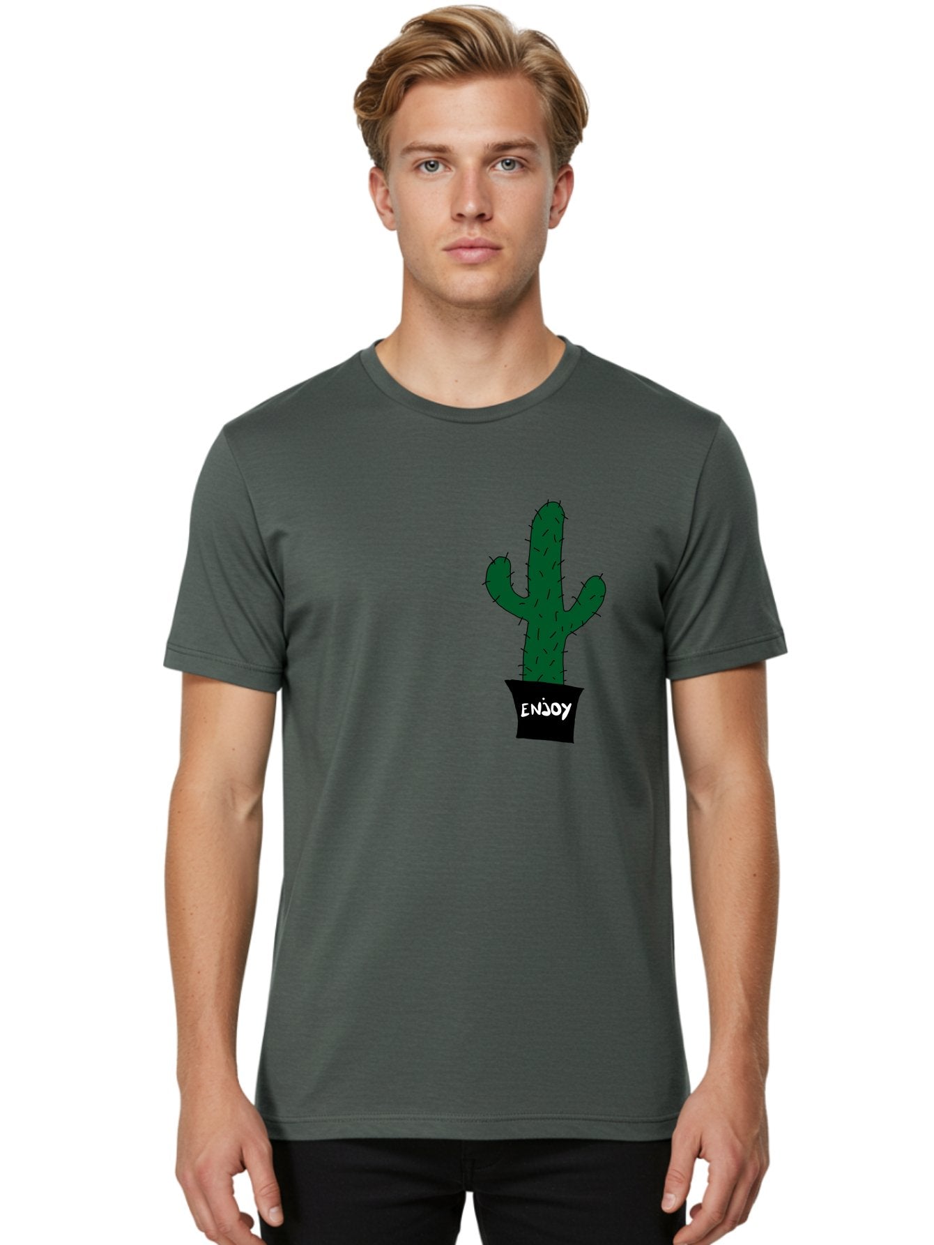 Enjoy Men'S Graphic Tee, 100% Cotton, Comfortable Casual Summer Wear, Machine Washable, Cactus In A Pot, Simple Design, Hand Drawn Illustration, Minimalistic Art, Cactus Plant, Enjoy Message, Modern Decor, Indoor Plants, Quirky Art, -  Aaa033 8