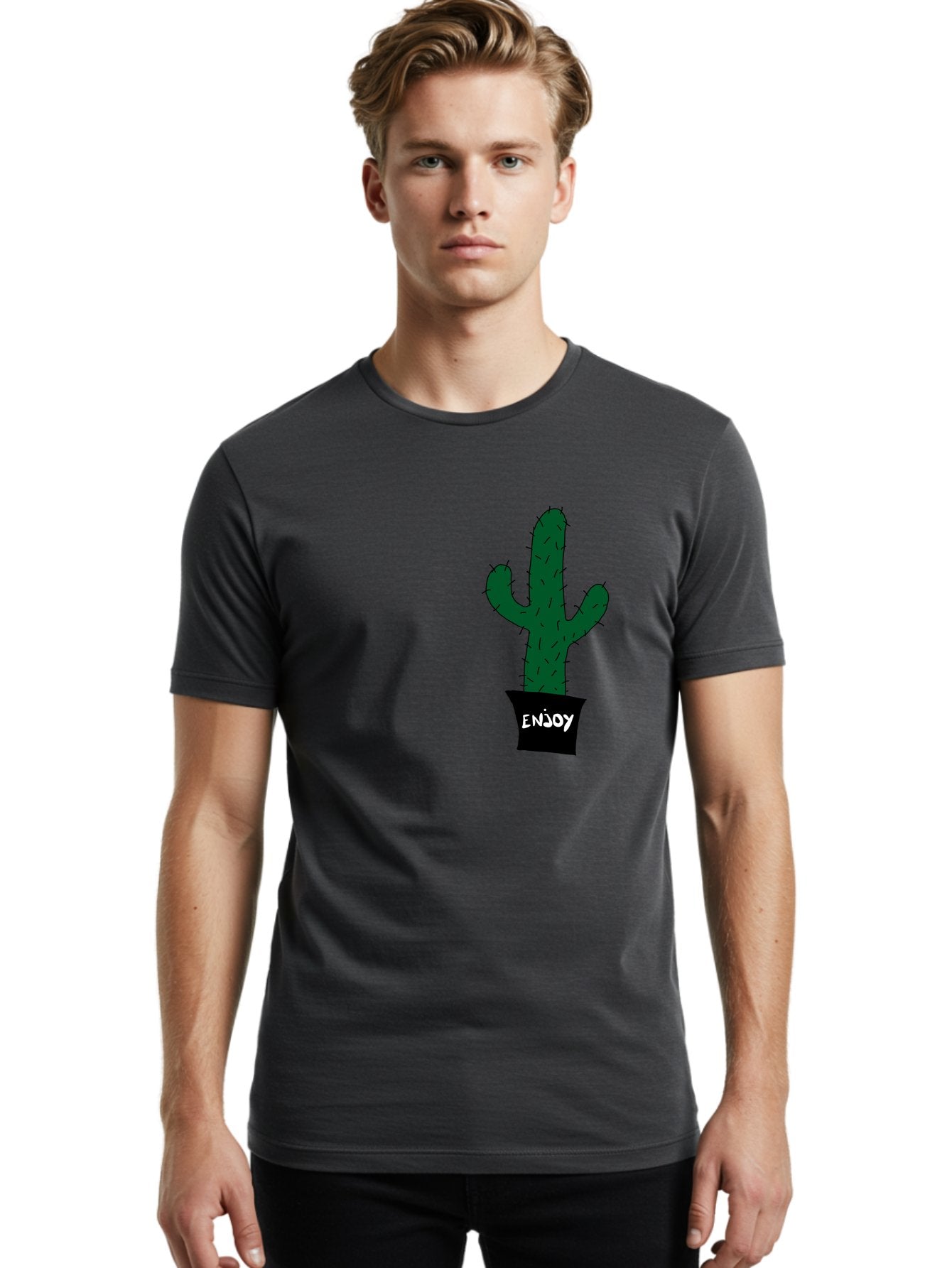 Enjoy Men'S Graphic Tee, 100% Cotton, Comfortable Casual Summer Wear, Machine Washable, Cactus In A Pot, Simple Design, Hand Drawn Illustration, Minimalistic Art, Cactus Plant, Enjoy Message, Modern Decor, Indoor Plants, Quirky Art, -  Aaa033 28