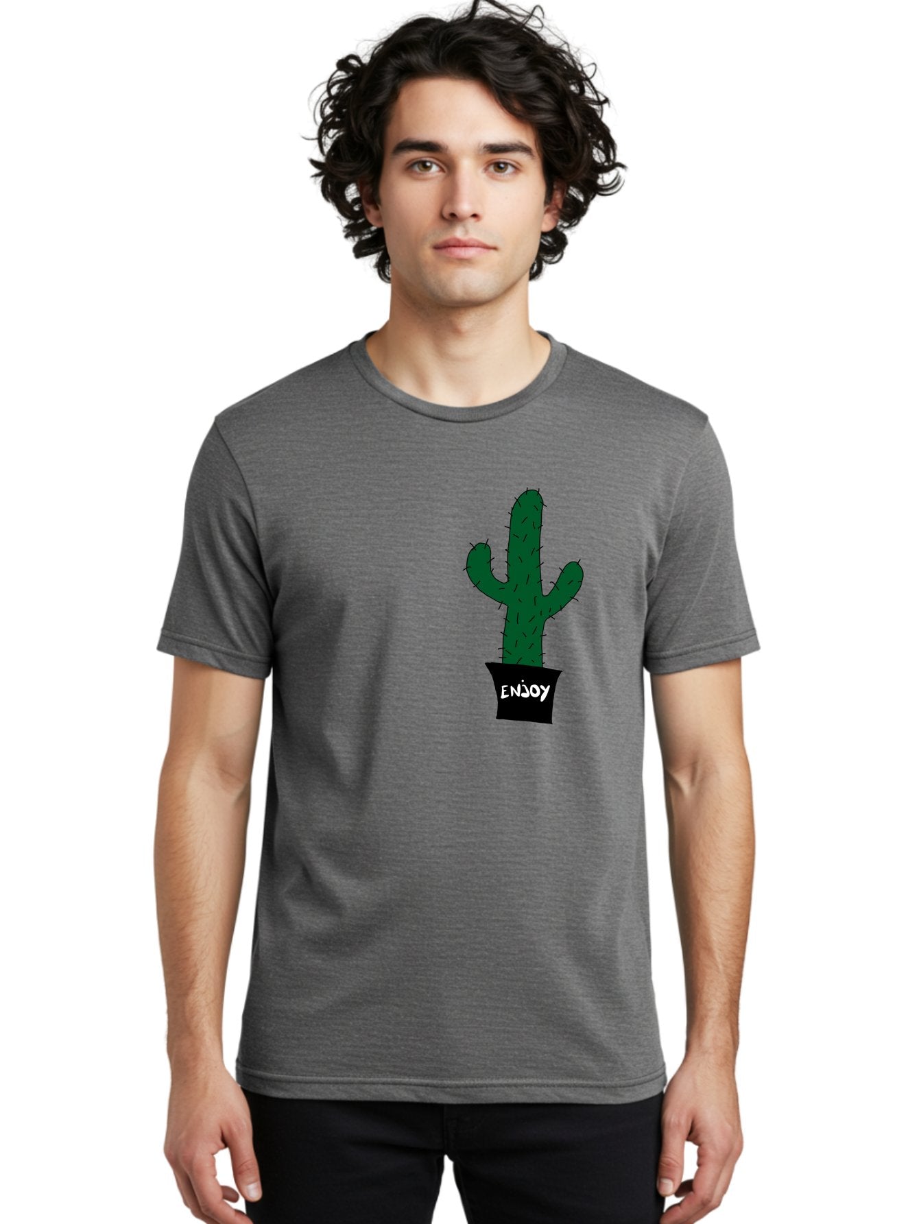 Enjoy Men'S Graphic Tee, 100% Cotton, Comfortable Casual Summer Wear, Machine Washable, Cactus In A Pot, Simple Design, Hand Drawn Illustration, Minimalistic Art, Cactus Plant, Enjoy Message, Modern Decor, Indoor Plants, Quirky Art, -  Aaa033 18