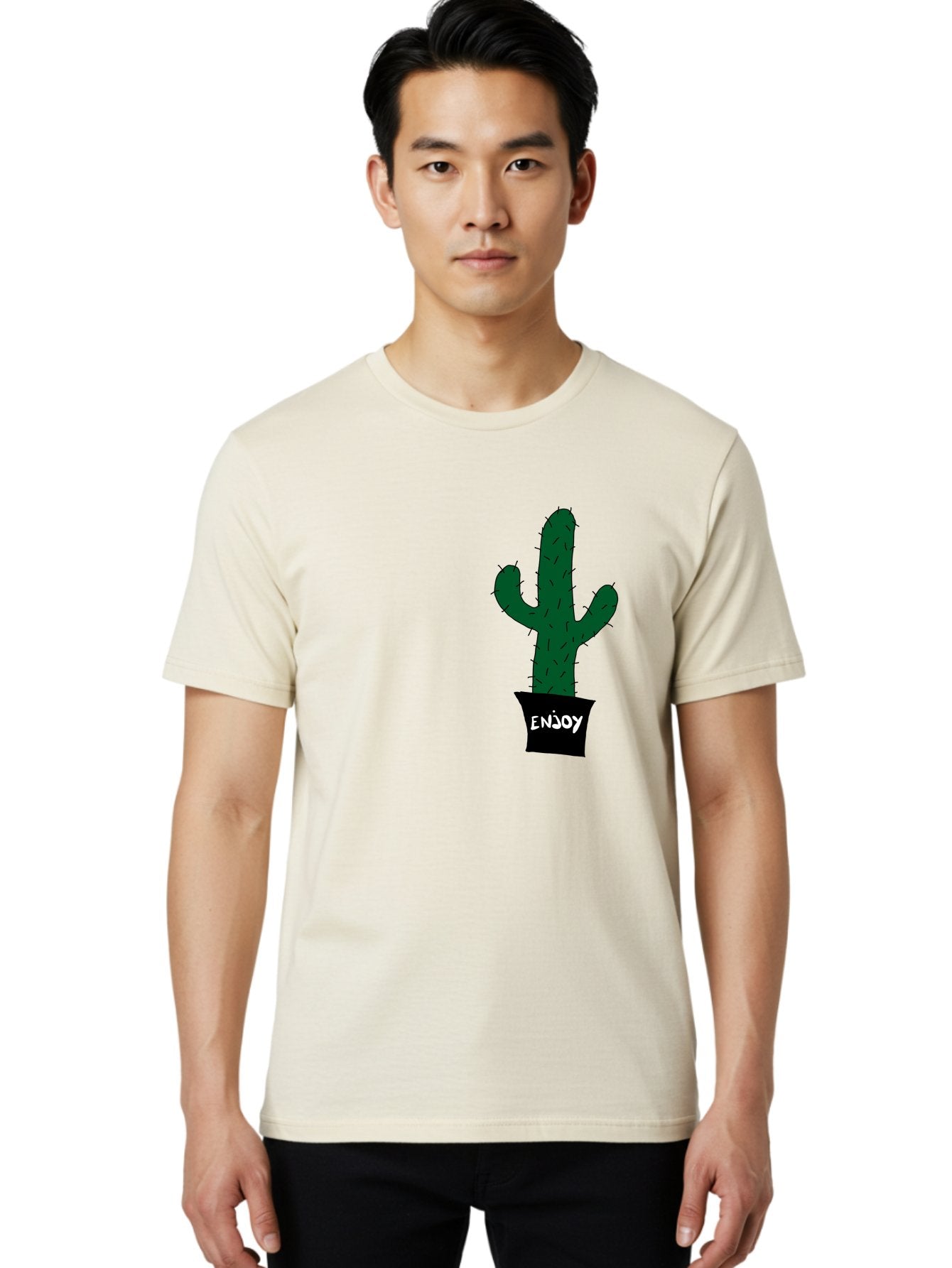 Enjoy Men'S Graphic Tee, 100% Cotton, Comfortable Casual Summer Wear, Machine Washable, Cactus In A Pot, Simple Design, Hand Drawn Illustration, Minimalistic Art, Cactus Plant, Enjoy Message, Modern Decor, Indoor Plants, Quirky Art, -  Aaa033 6