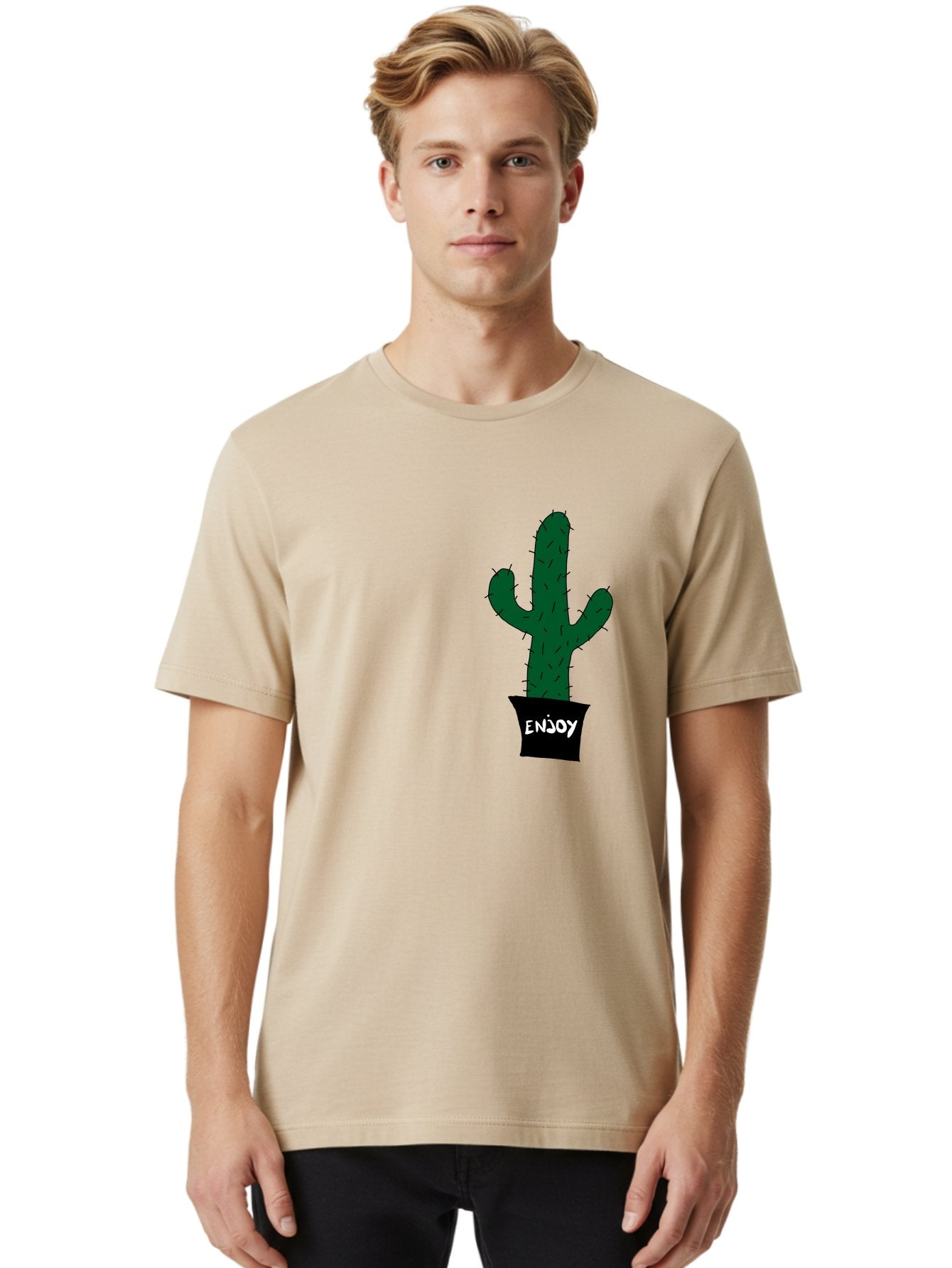 Enjoy Men'S Graphic Tee, 100% Cotton, Comfortable Casual Summer Wear, Machine Washable, Cactus In A Pot, Simple Design, Hand Drawn Illustration, Minimalistic Art, Cactus Plant, Enjoy Message, Modern Decor, Indoor Plants, Quirky Art, -  Aaa033 24