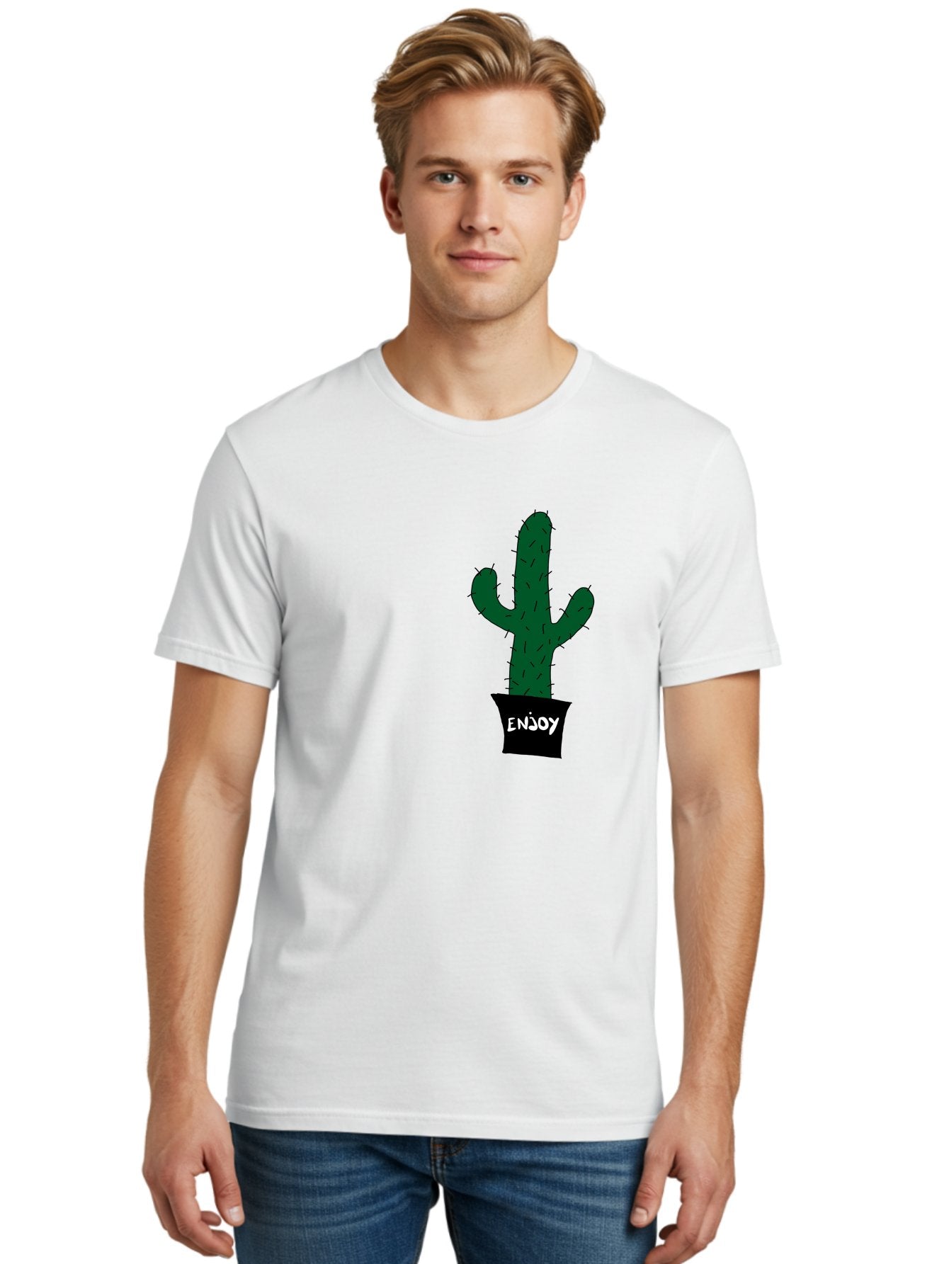 Enjoy Men'S Graphic Tee, 100% Cotton, Comfortable Casual Summer Wear, Machine Washable, Cactus In A Pot, Simple Design, Hand Drawn Illustration, Minimalistic Art, Cactus Plant, Enjoy Message, Modern Decor, Indoor Plants, Quirky Art, -  Aaa033 22