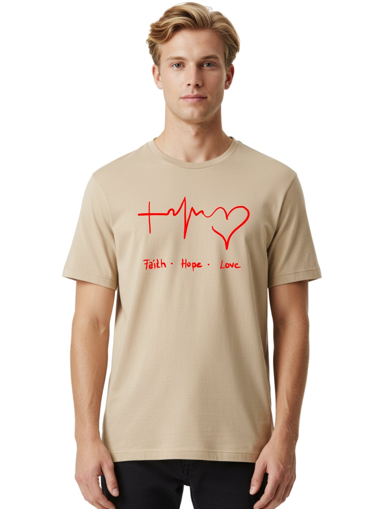 Faith-Hope-Love Men'S Graphic Tee, 100% Cotton, Comfortable Casual Summer Wear, Machine Washable, Heart Rate Monitor Forming A Heart, Faith Hope Love, Inspirational Quote, Love Symbol, Heartbeat Love, Positive Message, Heart Symbol, -  Aaa035 24