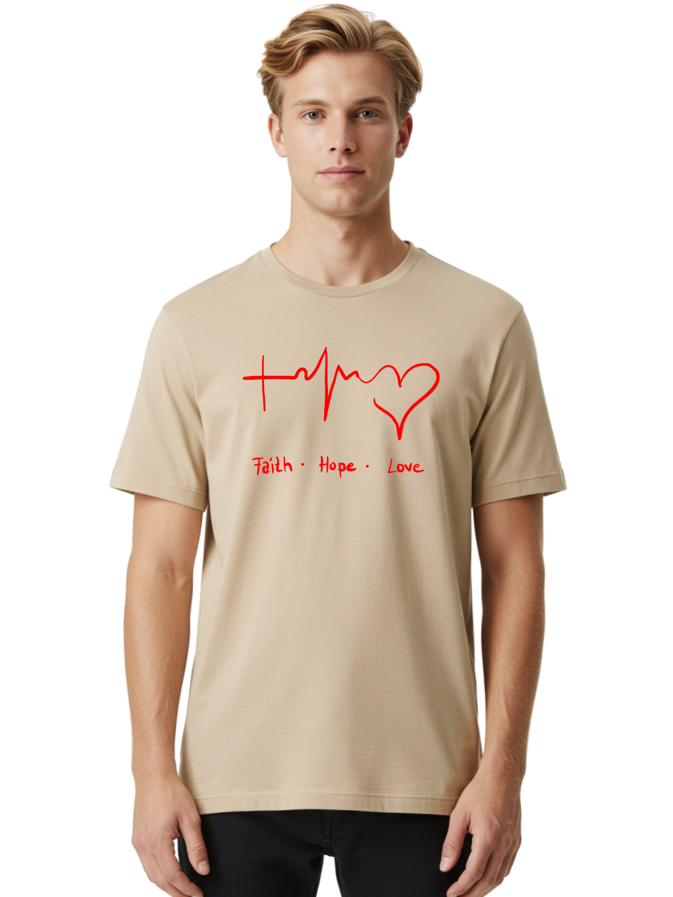 Faith-Hope-Love Men'S Graphic Tee, 100% Cotton, Comfortable Casual Summer Wear, Machine Washable, Heart Rate Monitor Forming A Heart, Faith Hope Love, Inspirational Quote, Love Symbol, Heartbeat Love, Positive Message, Heart Symbol, -  Aaa035 6
