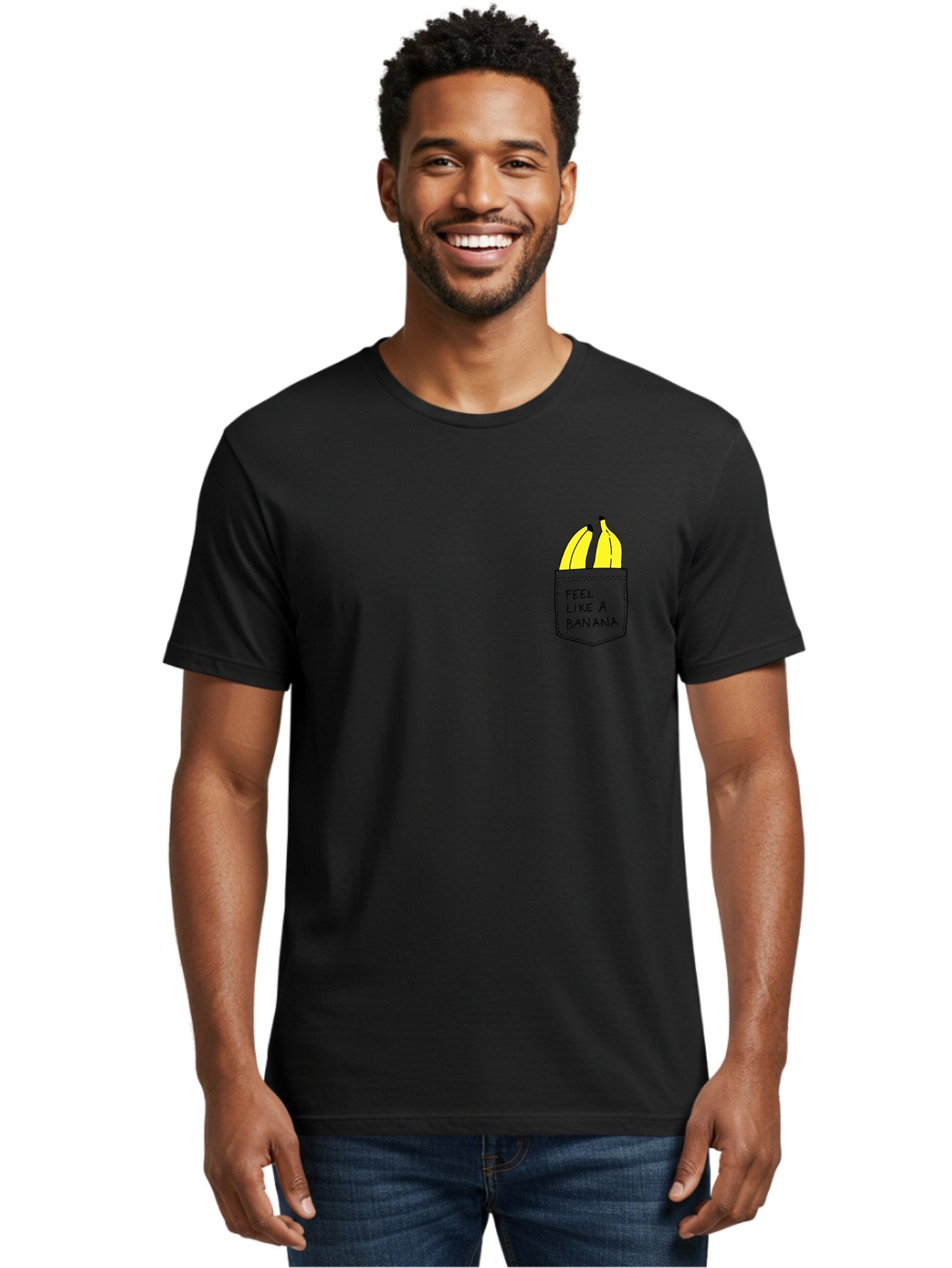Feel-Like-A-Banana Men'S Graphic Tee, 100% Cotton, Comfortable Casual Summer Wear, Machine Washable, Yellow Bananas, Playful Illustration, Pocket With Text, Humorous Quote, Funny Design, Quirky Art, Banana Theme, Creative Typography, -  Aaa036 8