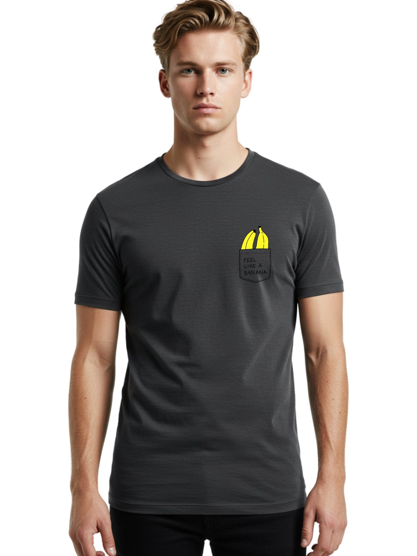 Feel-Like-A-Banana Men'S Graphic Tee, 100% Cotton, Comfortable Casual Summer Wear, Machine Washable, Yellow Bananas, Playful Illustration, Pocket With Text, Humorous Quote, Funny Design, Quirky Art, Banana Theme, Creative Typography, -  Aaa036 6