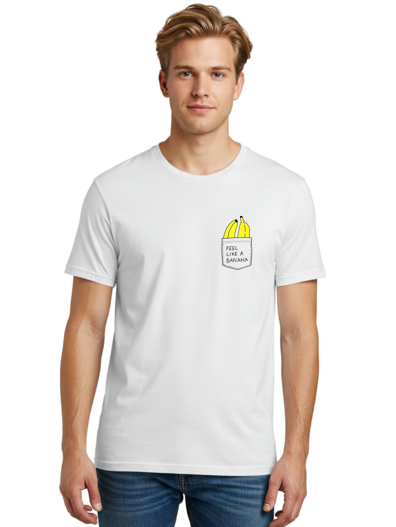 Feel-Like-A-Banana Men'S Graphic Tee, 100% Cotton, Comfortable Casual Summer Wear, Machine Washable, Yellow Bananas, Playful Illustration, Pocket With Text, Humorous Quote, Funny Design, Quirky Art, Banana Theme, Creative Typography, -  Aaa036 28