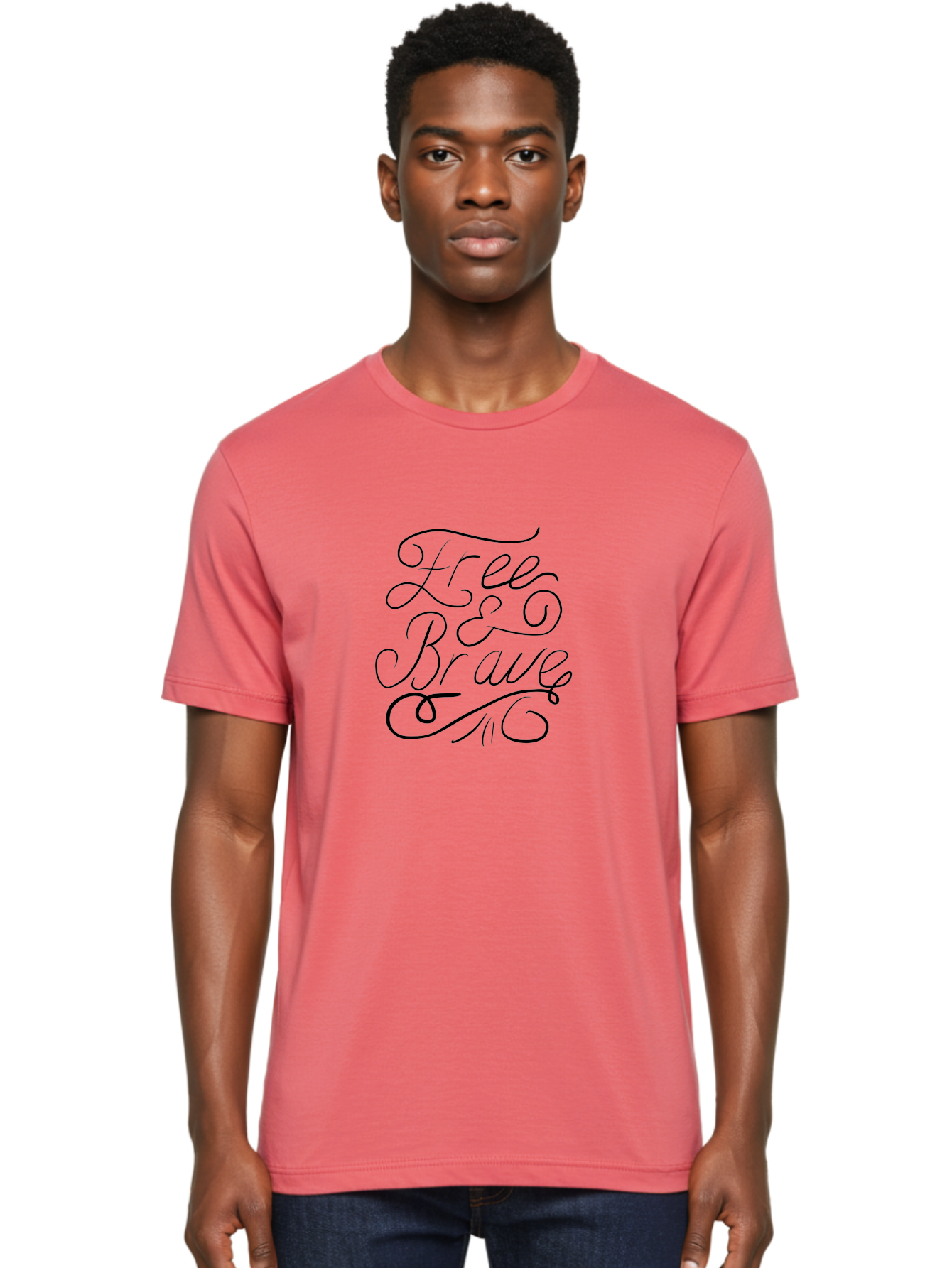 Free-Brave Men'S Graphic Tee, 100% Cotton, Comfortable Casual Summer Wear, Machine Washable, Free & Brave Typography, Inspirational Quotes, Motivational Phrases, Elegant Script, Decorative Lettering, Black Calligraphy -  Aaa039 26