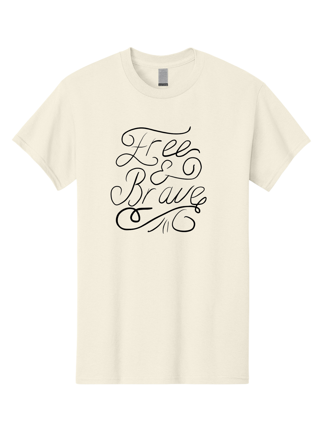 Free-Brave Men'S Graphic Tee, 100% Cotton, Comfortable Casual Summer Wear, Machine Washable, Free & Brave Typography, Inspirational Quotes, Motivational Phrases, Elegant Script, Decorative Lettering, Black Calligraphy -  Aaa039