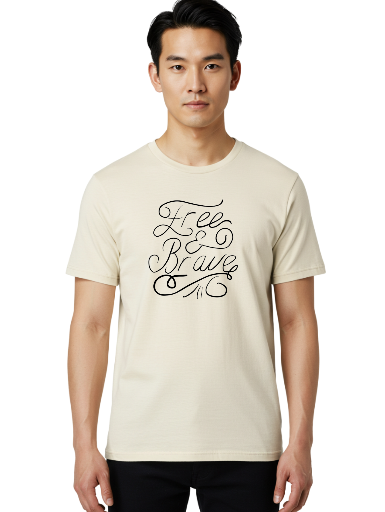 Free-Brave Men'S Graphic Tee, 100% Cotton, Comfortable Casual Summer Wear, Machine Washable, Free & Brave Typography, Inspirational Quotes, Motivational Phrases, Elegant Script, Decorative Lettering, Black Calligraphy -  Aaa039