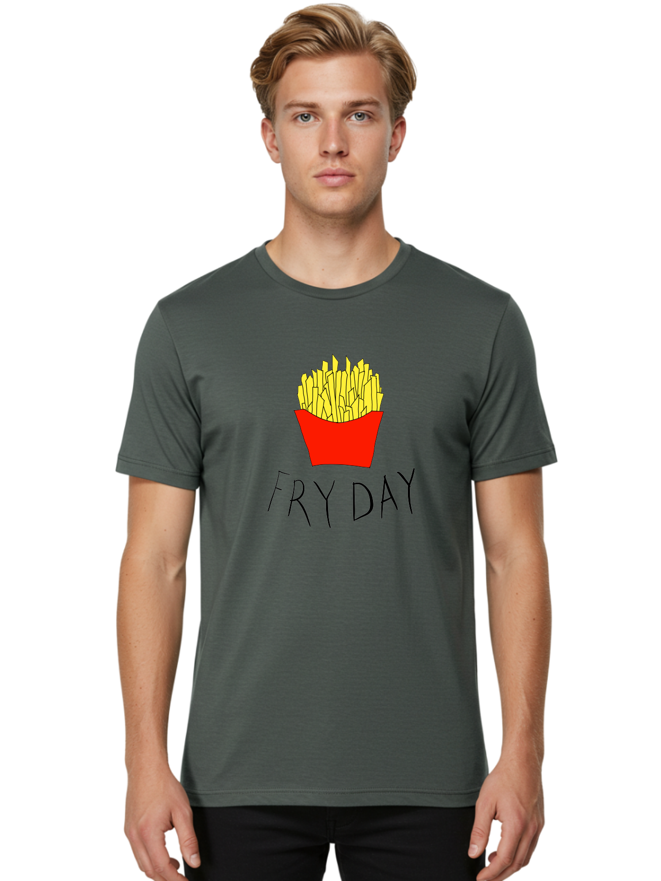 Fry-Day Men'S Graphic Tee, 100% Cotton, Comfortable Casual Summer Wear, Machine Washable, French Fries, Red Container, Yellow Fries, Cartoon Style, Playful Graphics, Food Illustration, Restaurant Promotion -  Aaa041