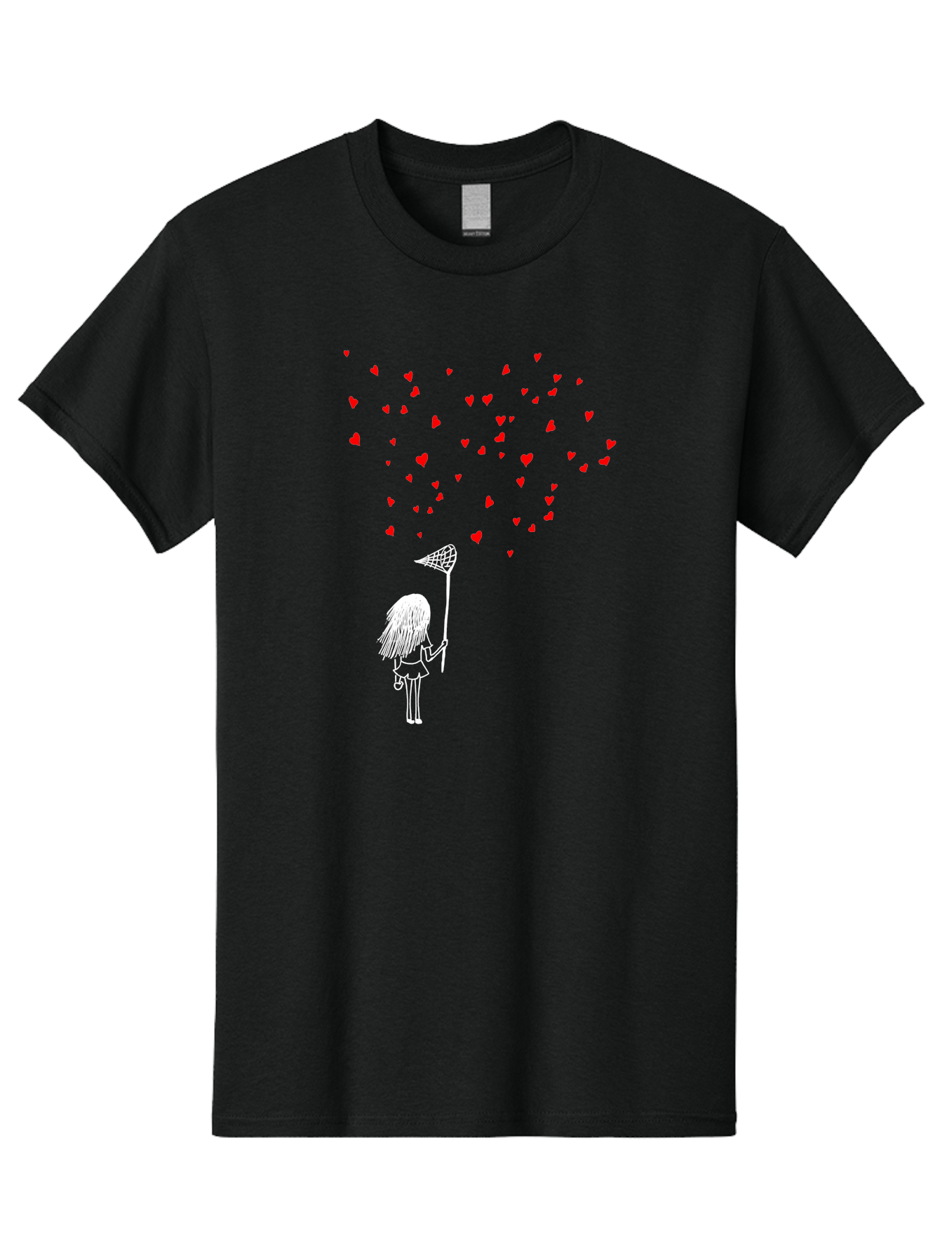 Girl-Catching-Hearts Men'S Graphic Tee, 100% Cotton, Comfortable Casual Summer Wear, Machine Washable, Girl Catching Hearts, Heart-Shaped Objects, Net In Hand, Whimsical Illustration, Playful Theme, Red Hearts, White Outline, Cute Character -  Aaa042 17