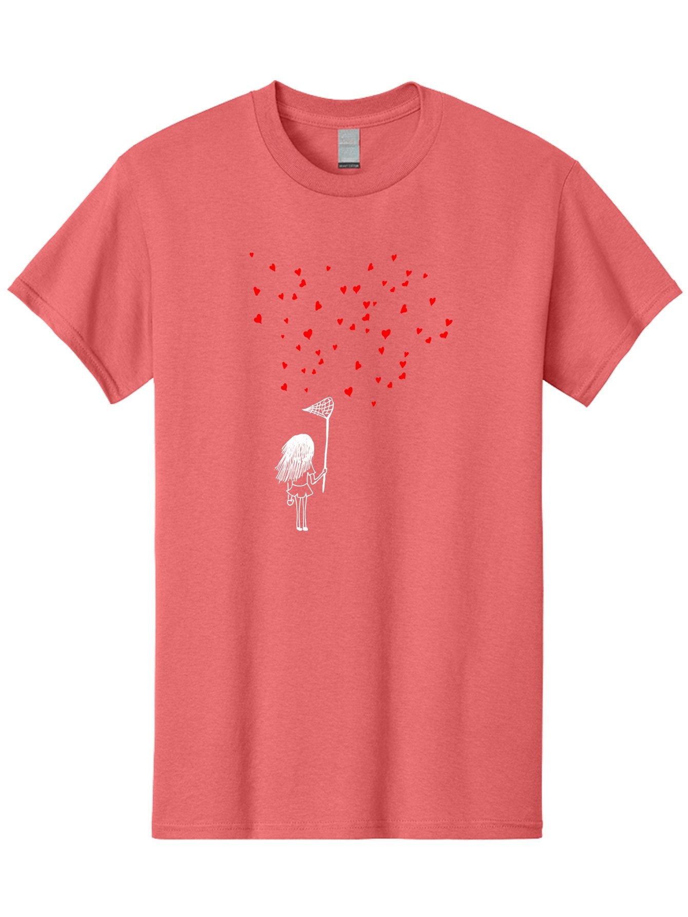 Girl-Catching-Hearts Men'S Graphic Tee, 100% Cotton, Comfortable Casual Summer Wear, Machine Washable, Girl Catching Hearts, Heart-Shaped Objects, Net In Hand, Whimsical Illustration, Playful Theme, Red Hearts, White Outline, Cute Character -  Aaa042 25