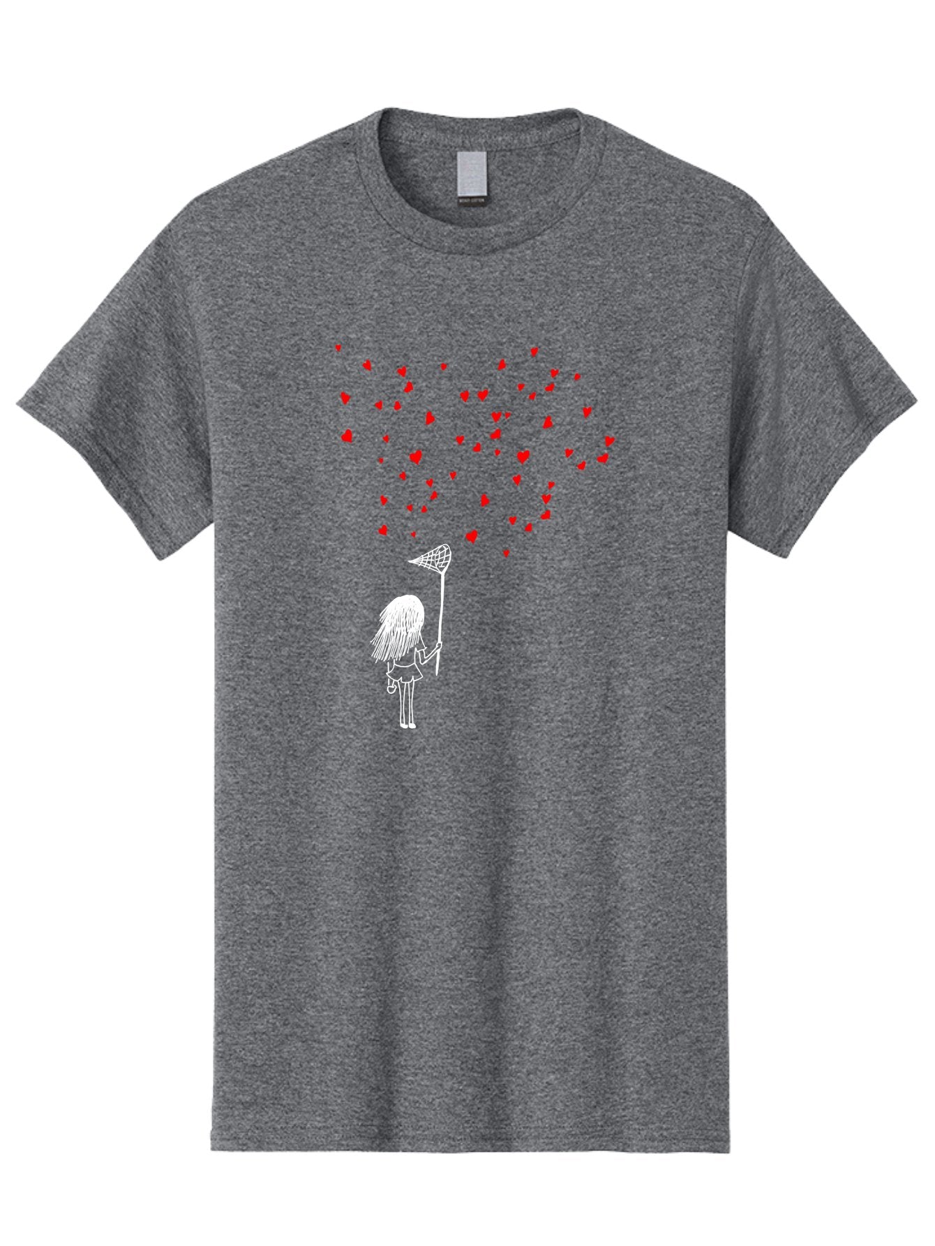 Girl-Catching-Hearts Men'S Graphic Tee, 100% Cotton, Comfortable Casual Summer Wear, Machine Washable, Girl Catching Hearts, Heart-Shaped Objects, Net In Hand, Whimsical Illustration, Playful Theme, Red Hearts, White Outline, Cute Character -  Aaa042