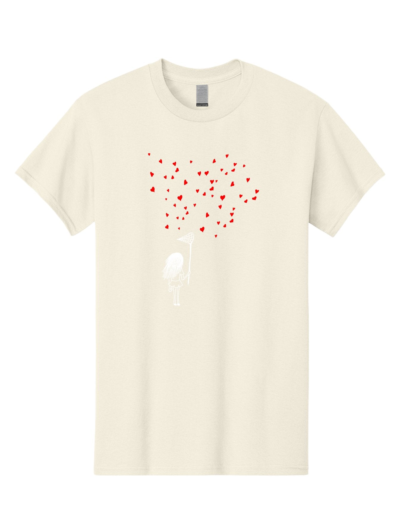 Girl-Catching-Hearts Men'S Graphic Tee, 100% Cotton, Comfortable Casual Summer Wear, Machine Washable, Girl Catching Hearts, Heart-Shaped Objects, Net In Hand, Whimsical Illustration, Playful Theme, Red Hearts, White Outline, Cute Character -  Aaa042 23