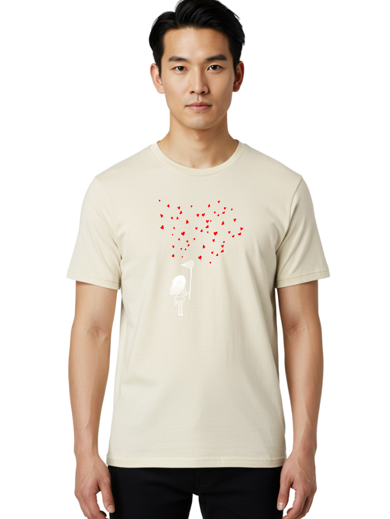 Girl-Catching-Hearts Men'S Graphic Tee, 100% Cotton, Comfortable Casual Summer Wear, Machine Washable, Girl Catching Hearts, Heart-Shaped Objects, Net In Hand, Whimsical Illustration, Playful Theme, Red Hearts, White Outline, Cute Character -  Aaa042 10
