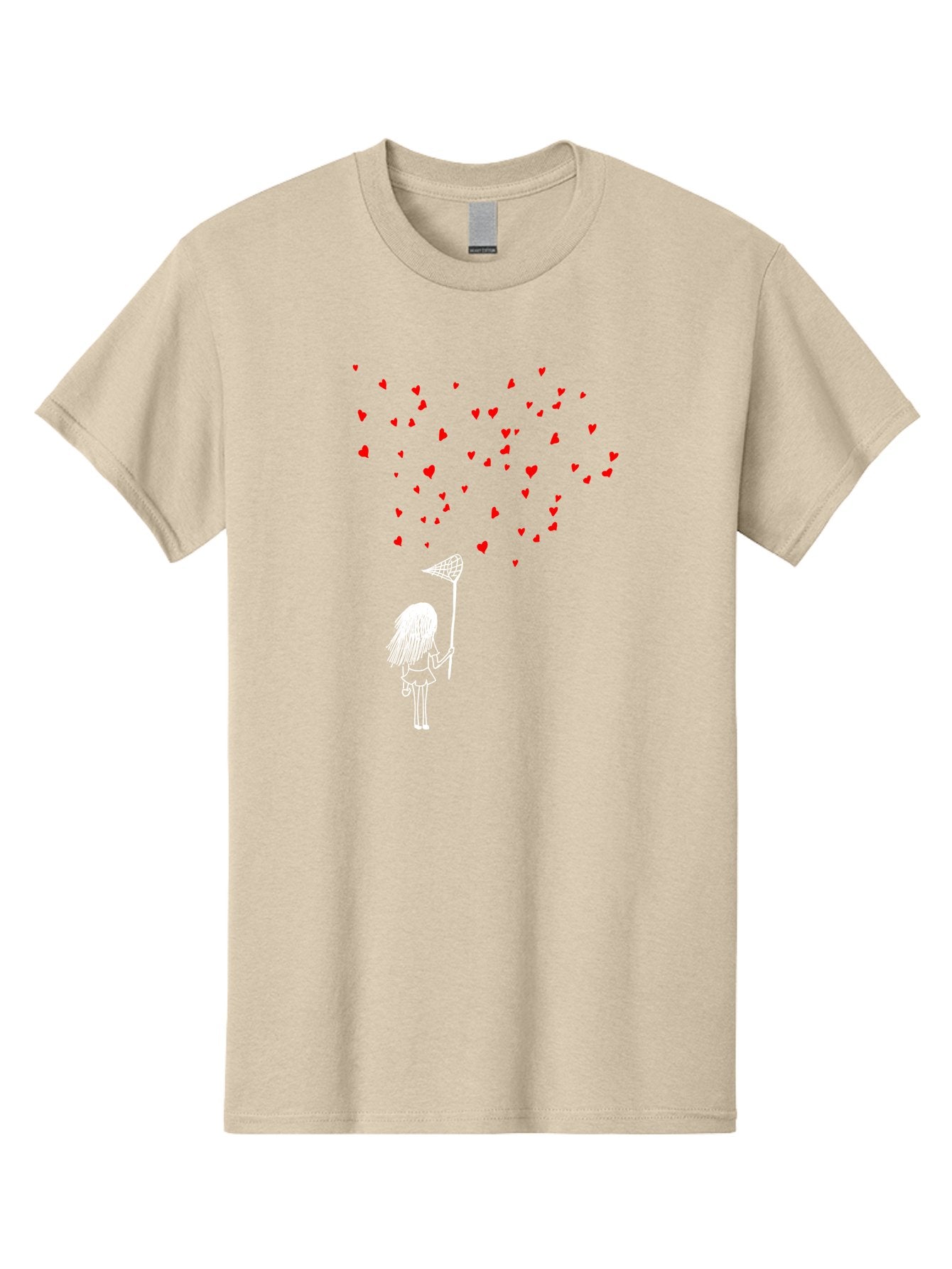 Girl-Catching-Hearts Men'S Graphic Tee, 100% Cotton, Comfortable Casual Summer Wear, Machine Washable, Girl Catching Hearts, Heart-Shaped Objects, Net In Hand, Whimsical Illustration, Playful Theme, Red Hearts, White Outline, Cute Character -  Aaa042 27