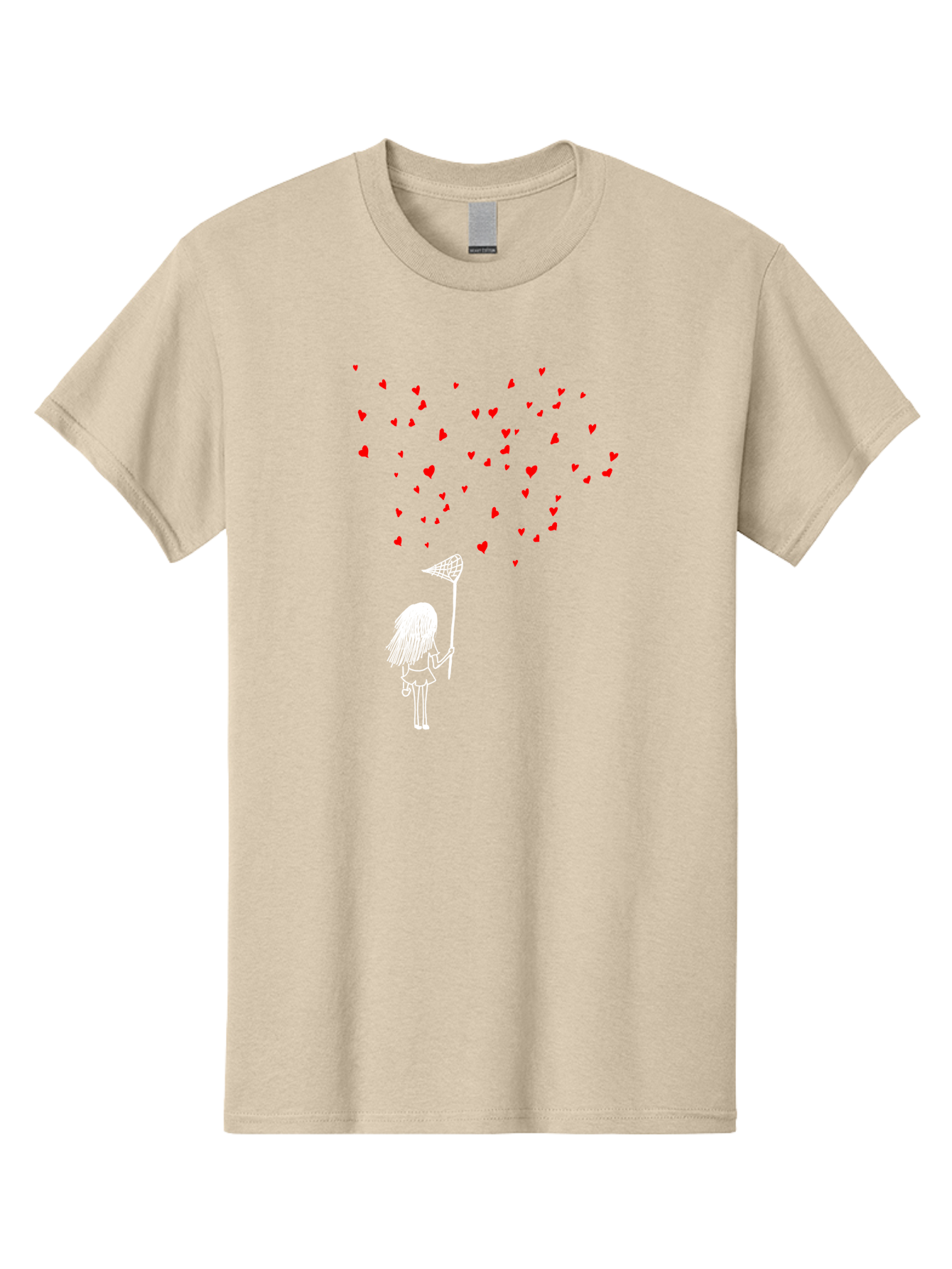 Girl-Catching-Hearts Men'S Graphic Tee, 100% Cotton, Comfortable Casual Summer Wear, Machine Washable, Girl Catching Hearts, Heart-Shaped Objects, Net In Hand, Whimsical Illustration, Playful Theme, Red Hearts, White Outline, Cute Character -  Aaa042