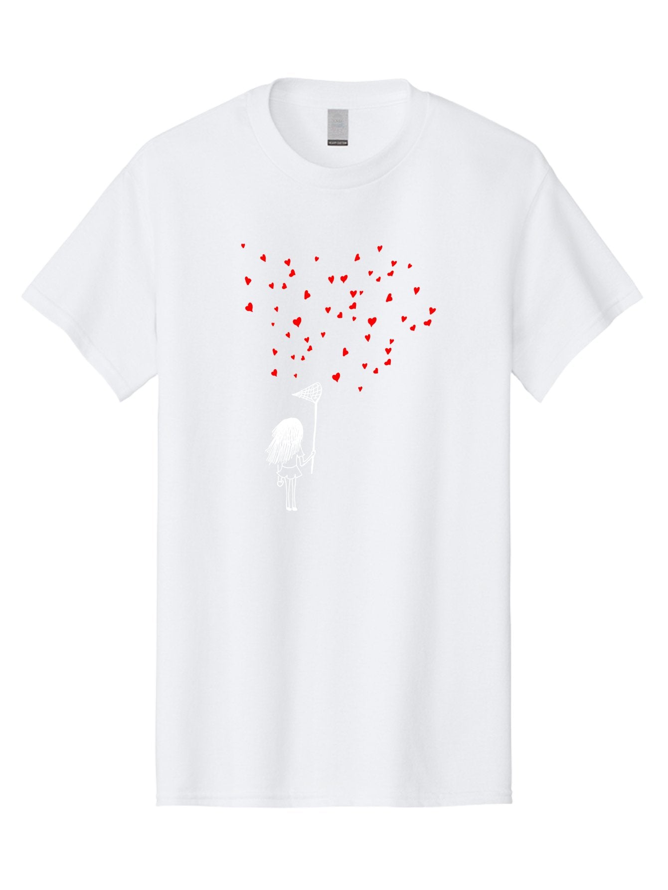 Girl-Catching-Hearts Men'S Graphic Tee, 100% Cotton, Comfortable Casual Summer Wear, Machine Washable, Girl Catching Hearts, Heart-Shaped Objects, Net In Hand, Whimsical Illustration, Playful Theme, Red Hearts, White Outline, Cute Character -  Aaa042 7